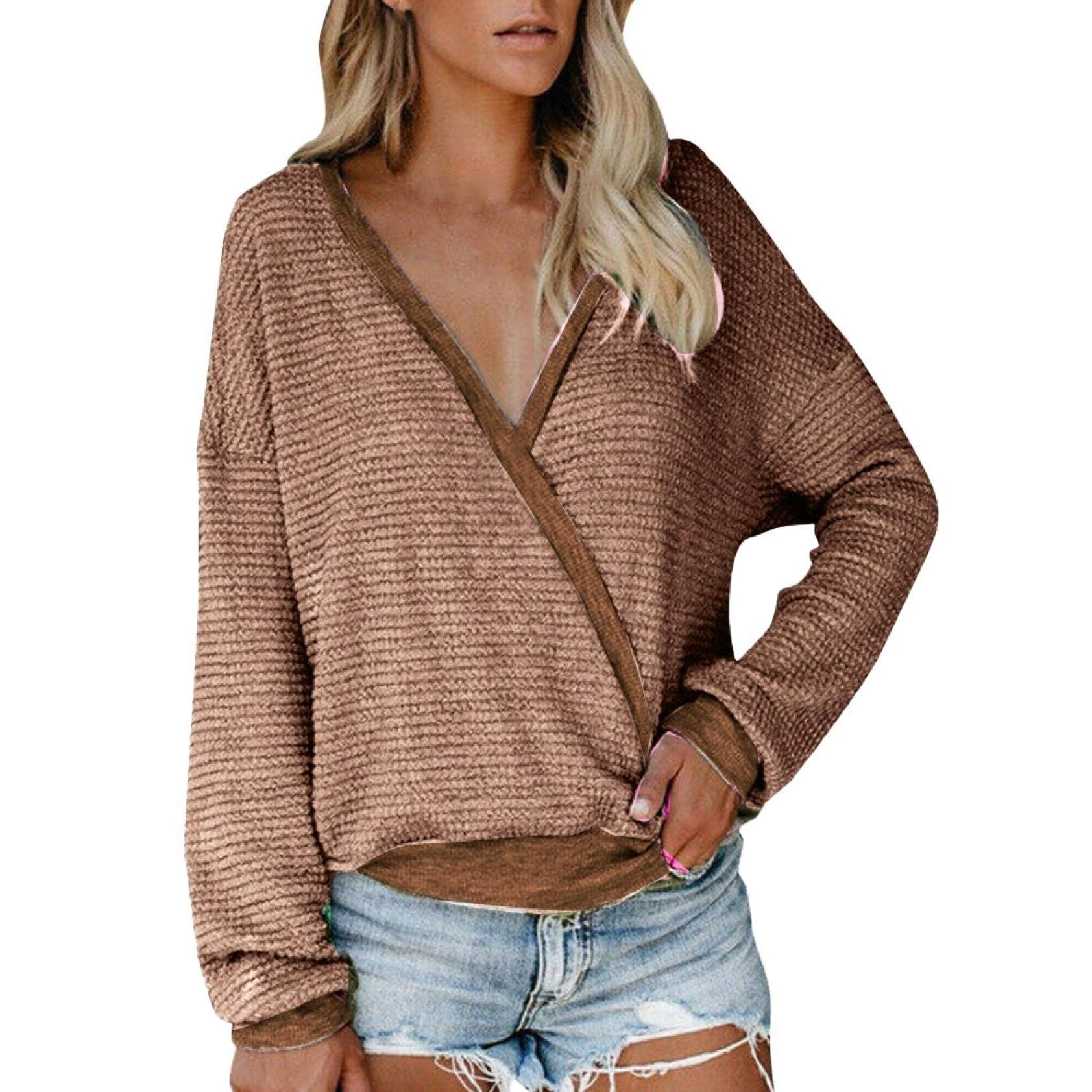 Sexy Women's Deep V-Neck Wrap Sweater - Long Sleeve Waffle Knit Pullover Top for Casual Wear & Date Night Outfits