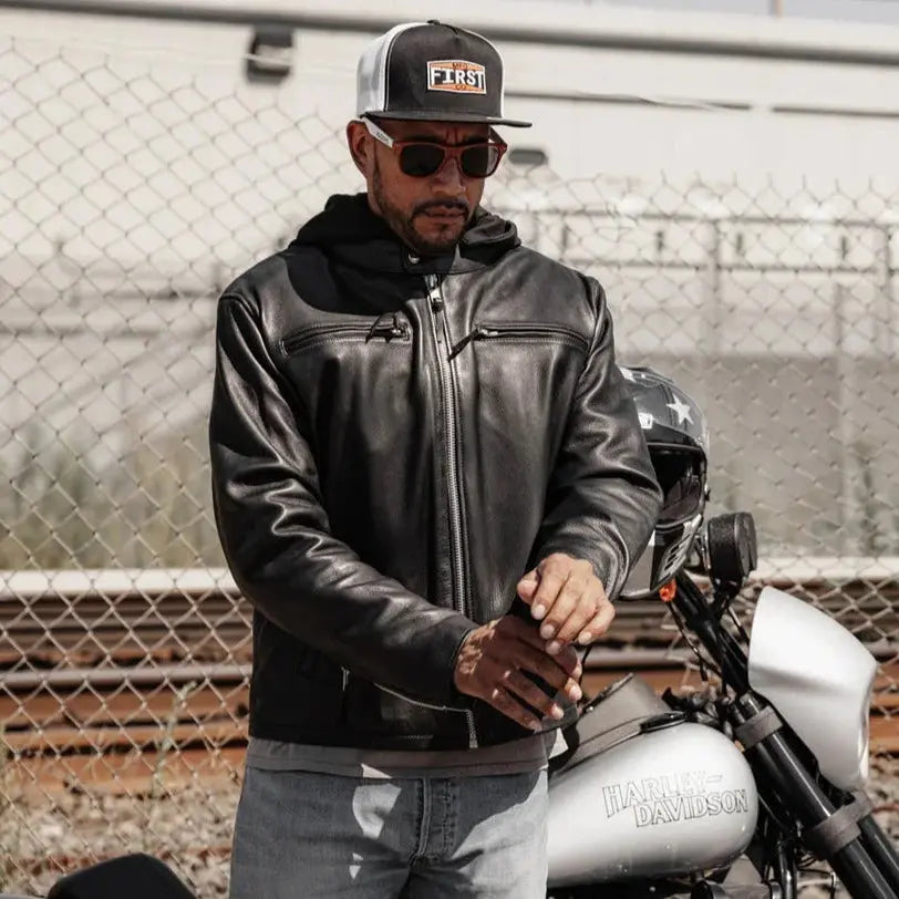 Open Road Men's Hooded Leather Motorcycle Jacket - Premium Biker Jacket for Riding & Streetwear Fashion