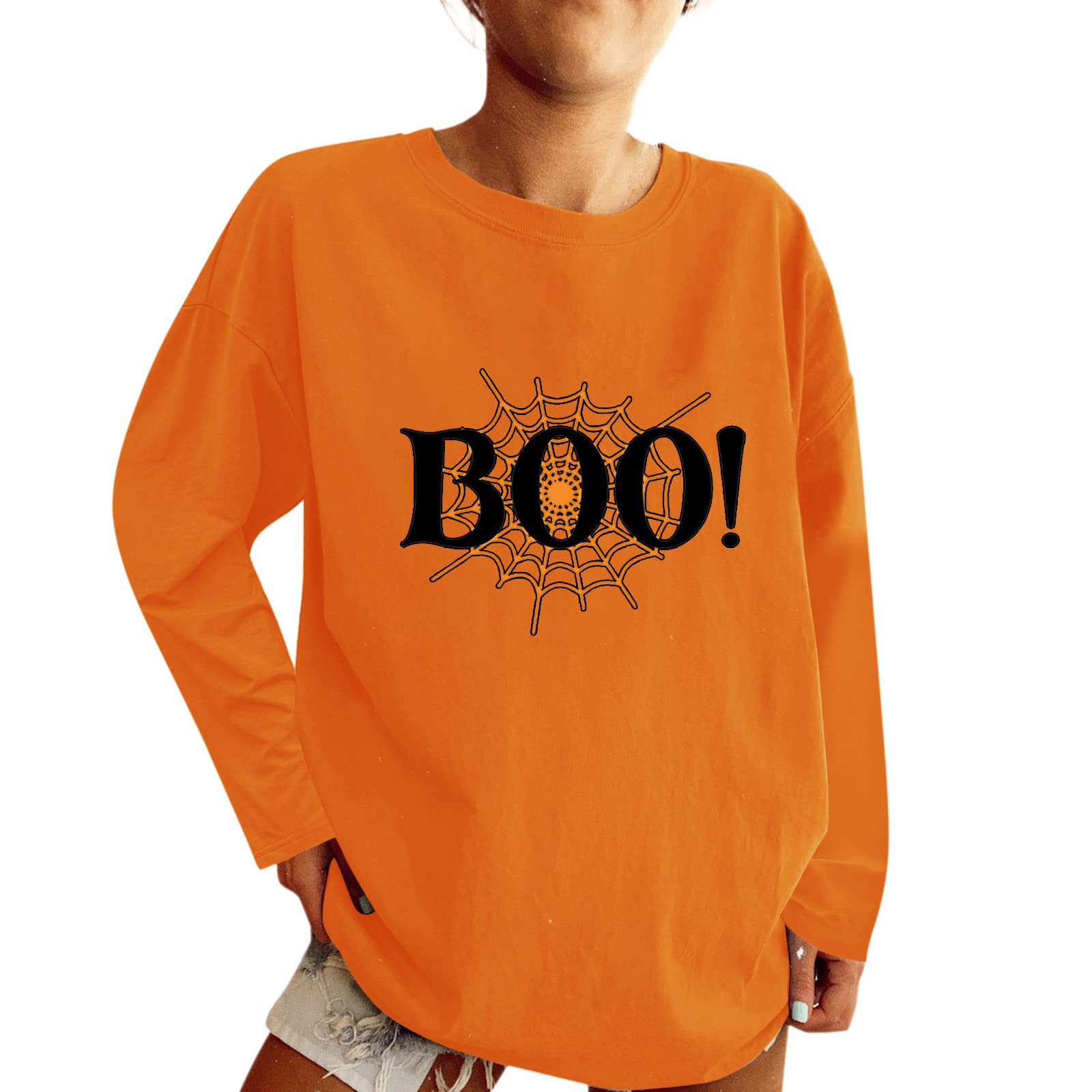 Women's Oversized Halloween Pumpkin Printed Sweater - Loose Long Sleeve Pullover with Drawstring to Hide Stomach | Perfect for Fall Fashion, Halloween Costumes & Cozy Winter Outfits