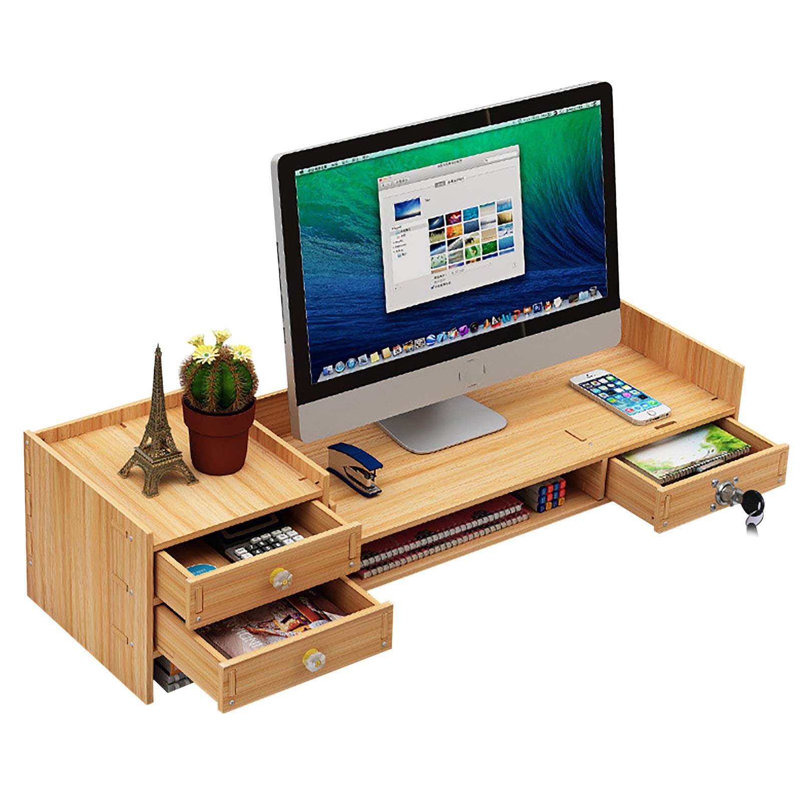 TFCFL 2-Tier Wooden Monitor Stand with Drawer & Lock - 25.8 Inch Laptop Riser, Desk Organizer for Home Office - Perfect for Computer Setup, File Storage & Workspace Organization