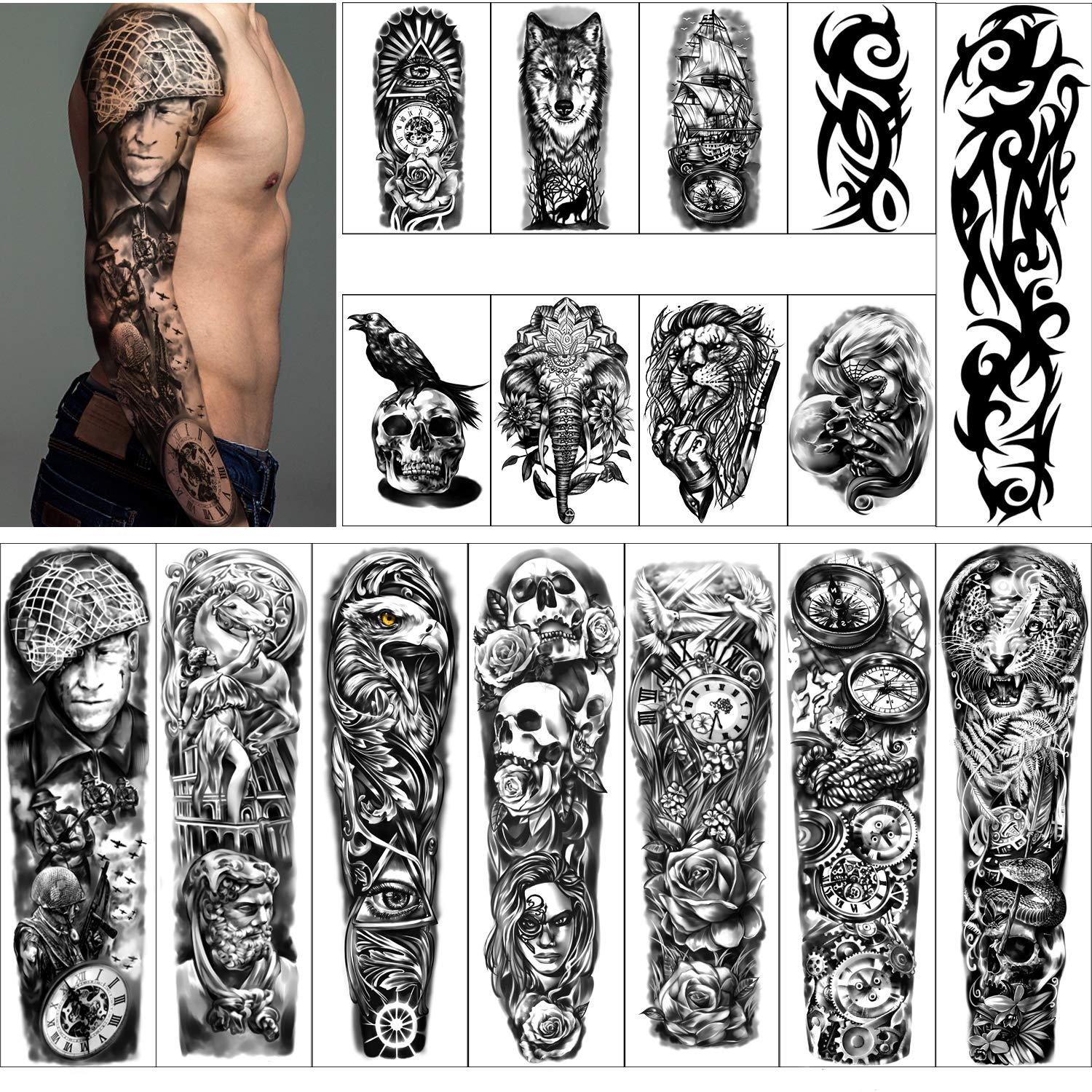 Premium Full & Half Arm Temporary Tattoos - 16 Sheets (8 Full Arm + 8 Shoulder) Waterproof Fake Tattoo Stickers for Men & Women - Extra Large 22.83