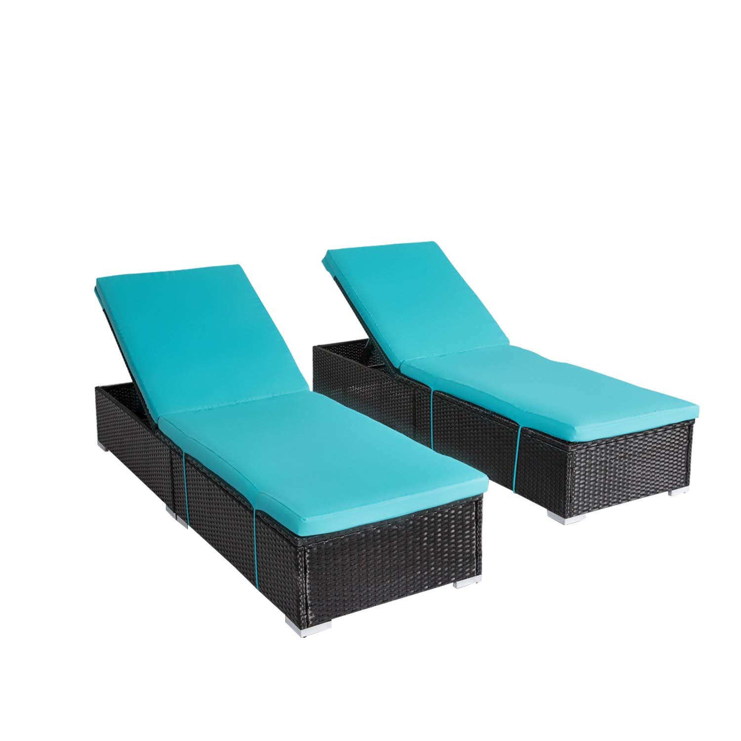 Sangsan 2-Piece Outdoor Chaise Lounge Set - Adjustable Wicker Rattan Poolside Patio Chairs with Turquoise Cushions | Perfect for Backyard, Beach & Poolside Relaxation