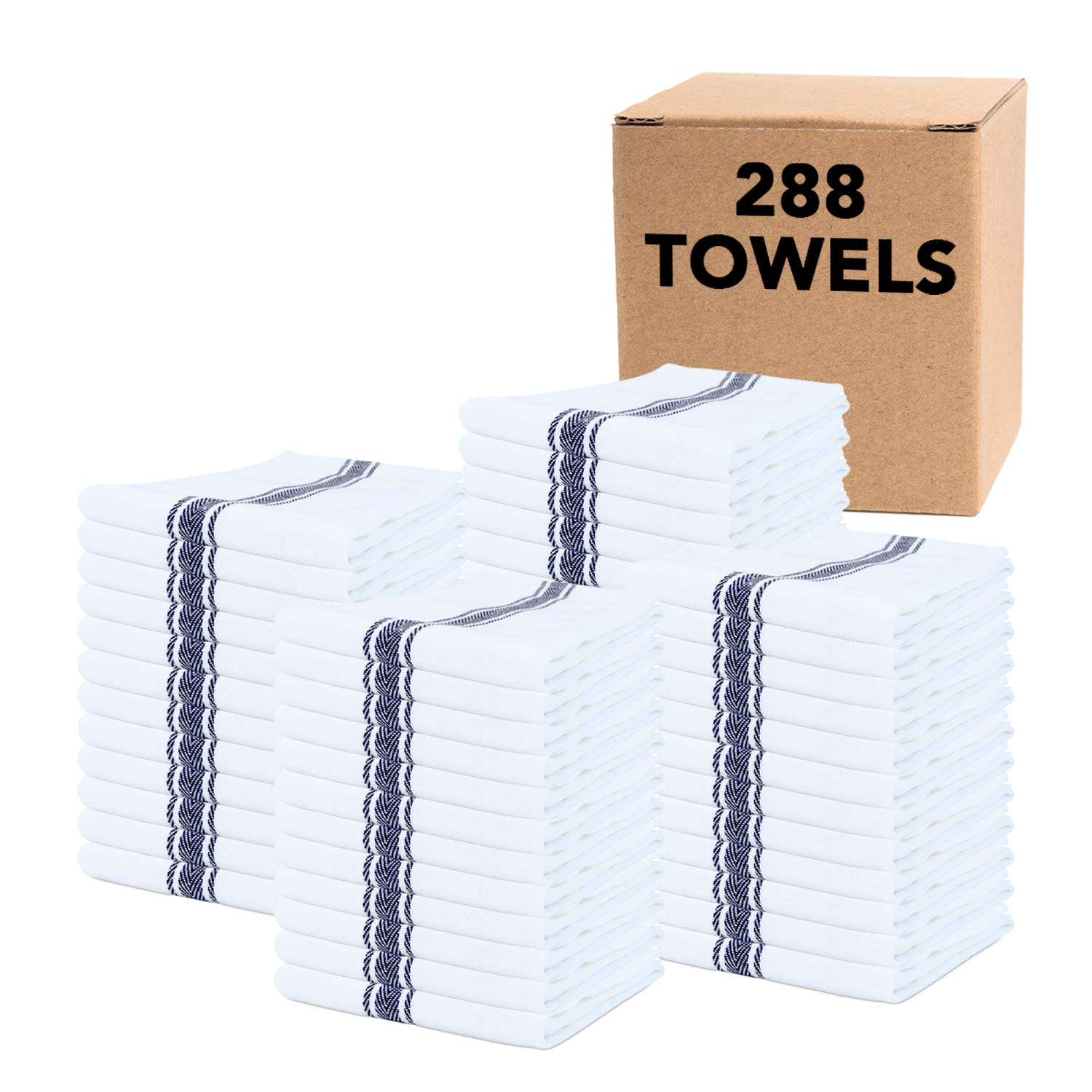 Premium 100% Cotton Herringbone Kitchen Towels - 15x25 Inches, Bulk Pack of 288 - Absorbent Dish Cloths & Tea Towels with Black Stripe Design for Restaurant, Catering & Home Kitchen Use