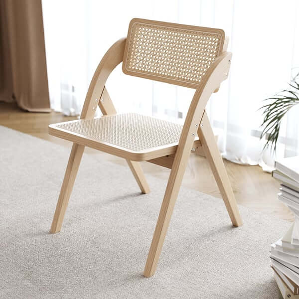 Japandi Natural Folding Dining Chairs (Set of 2) - Solid Wood Rattan Side Chairs for Kitchen, Patio & Small Space Dining - Modern Scandinavian Minimalist Design