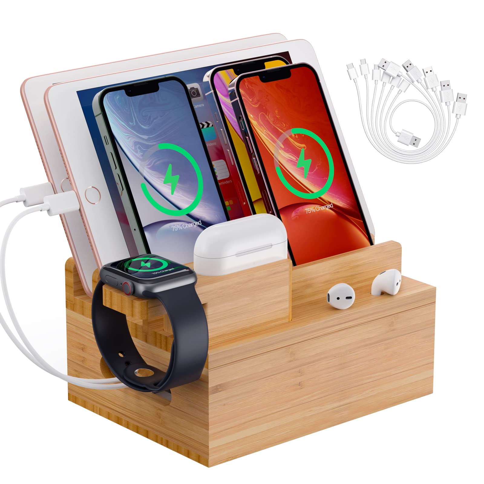 Bamboo Phone Charging Station - All-in-One Organizer for Phones & Tablets | Home & Office Use
