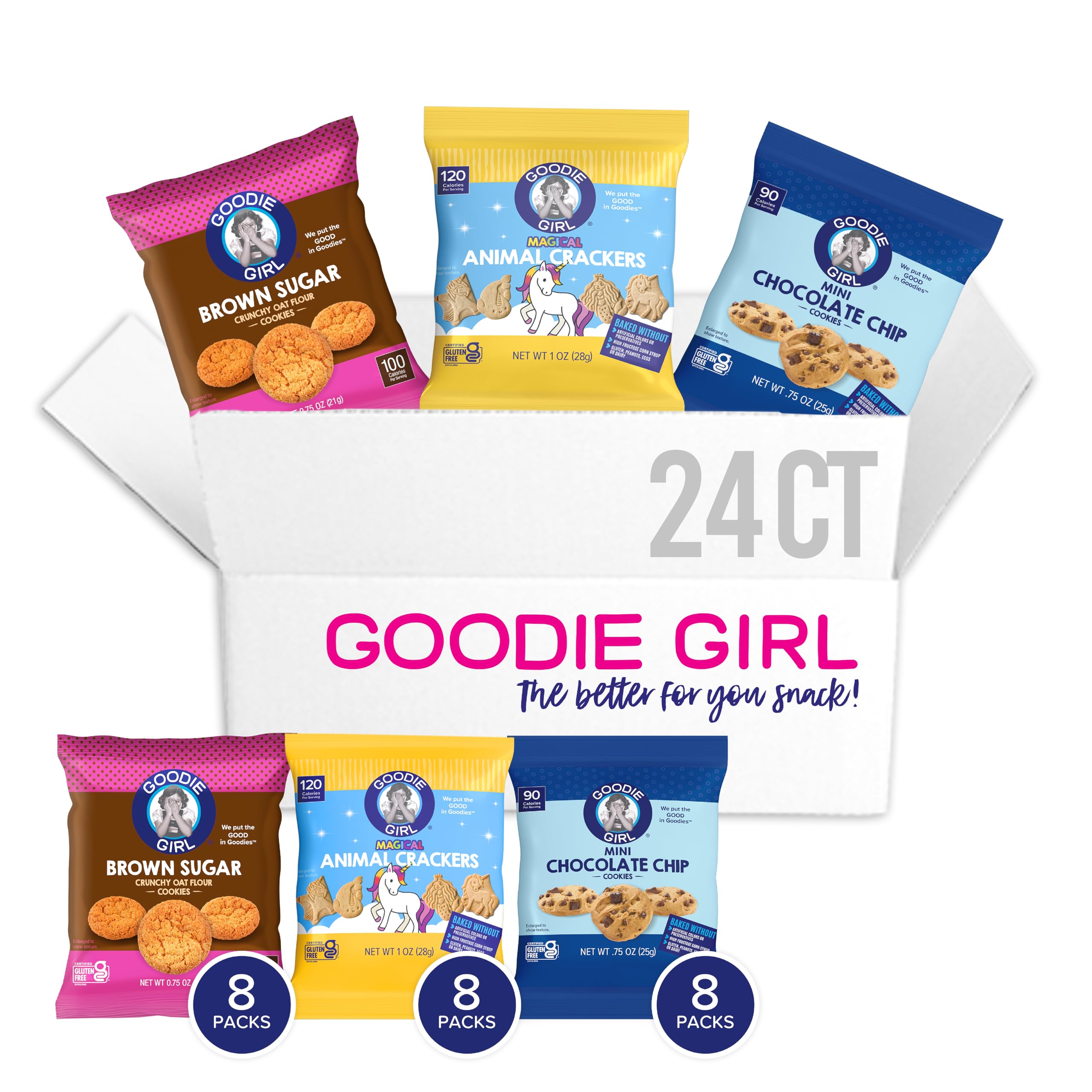 Goodie Girl Gluten Free Snack Pack Variety - Magical Animal Crackers, Mini Chocolate Chip & Brown Sugar Cookies | Peanut Free, 24-Pack | Perfect for School Lunches, Office Snacks & Travel