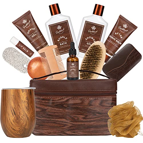 Premium 21-Piece Men's Spa & Beard Grooming Gift Set - Sandalwood Bergamot Scented Body Wash, Beard Oil, Balm, Cosmetic Bag & Wine Tumbler - Relaxing Home Spa Kit for Men - Perfect Birthday, Anniversary & Holiday Gift for Him