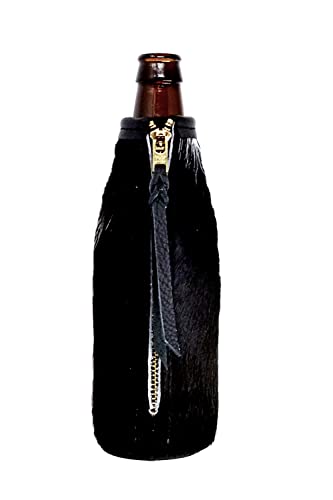 Premium Black Cowhide Beer Bottle Holder - Genuine Leather Beer Coozie & Beverage Huggie for Bottles & Cans - Perfect for BBQs, Tailgating & Outdoor Parties