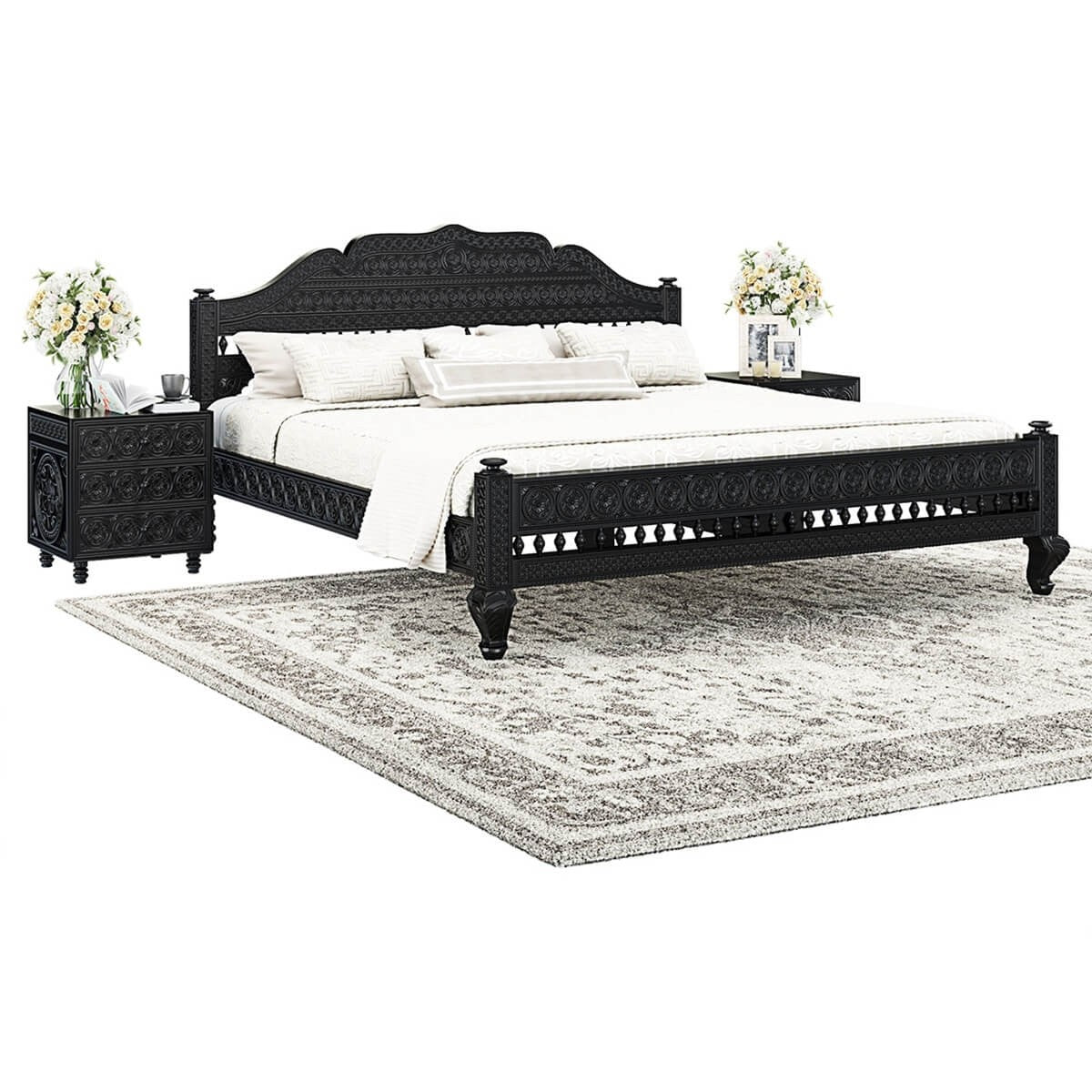 Hand Carved Indian Solid Wood Platform Bed with Mehrab Style Headboard - Floral Design for Bedroom Decor | Elegant & Durable Wooden Bed Frame