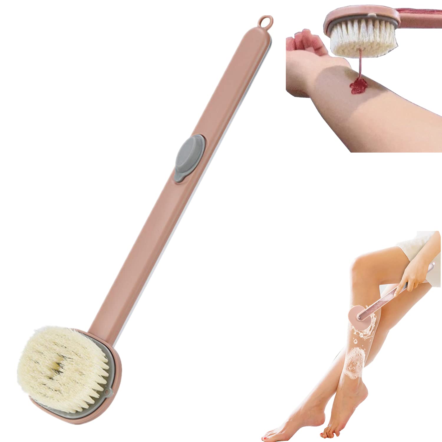 Long Handle Bath Brush with Natural Bristles - Silicone Body Scrubber & Exfoliator for Shower, Back Cleaning & Skin Care | Fillable Handle for Body Wash | Perfect for Sensitive Skin & Hard-to-Reach Areas (Pink, 2022 New)