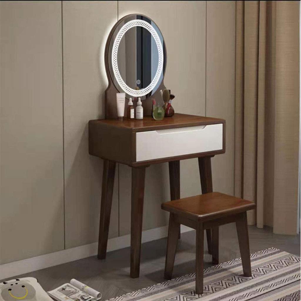 Modern Vanity Table Set with Adjustable Brightness LED Mirror & Cushioned Stool - 2 Drawers & Shelf, Walnut Dressing Makeup Table for Women & Girls | Perfect for Bedroom, Dressing Room & Beauty Salon