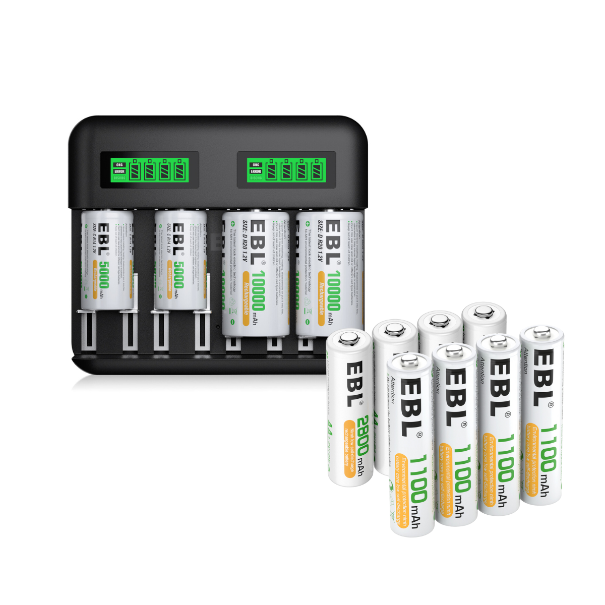 EBL C9008 LCD Battery Charger for AA AAA C D NiMH Rechargeable Batteries - Fast Charging for Toys, Cameras, Flashlights & More