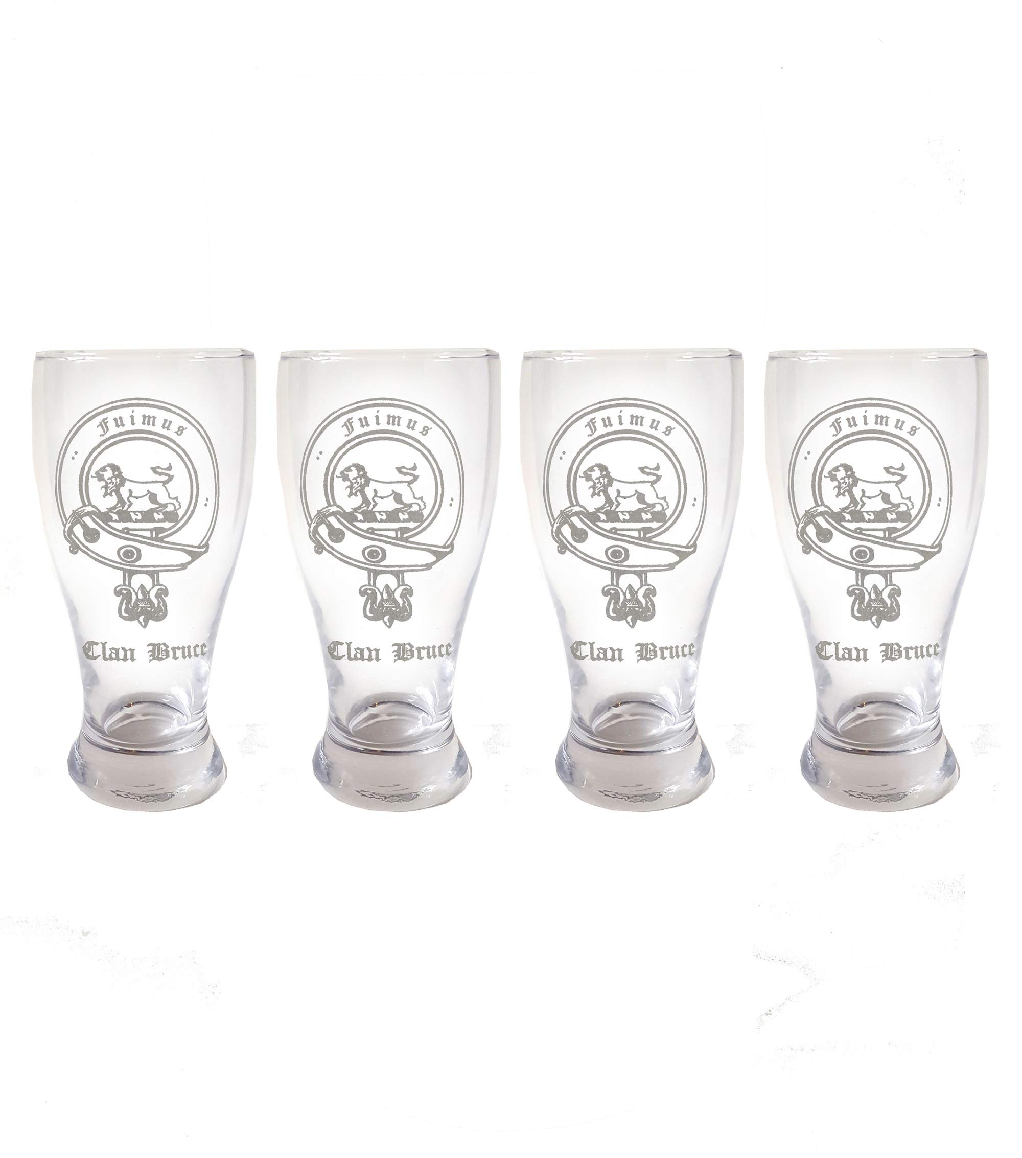 Clan Bruce Scottish Crest Pint Glass Set of 4 - Personalized Engraved Beer Mugs with Family Crest | Pub & Home Bar Drinking Glasses for St. Patrick's Day, Gifts & Parties