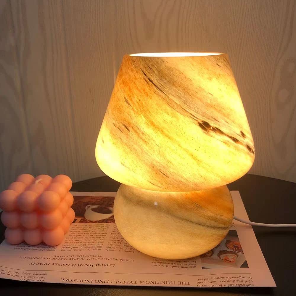 Aesthetic Mushroom Lamp - Cute Translucent Glass LED Table Lamp for Bedside, Desk & Room Decor - Amber Marble Design - Perfect for Cozy Bedrooms, Study Spaces & Gift Giving