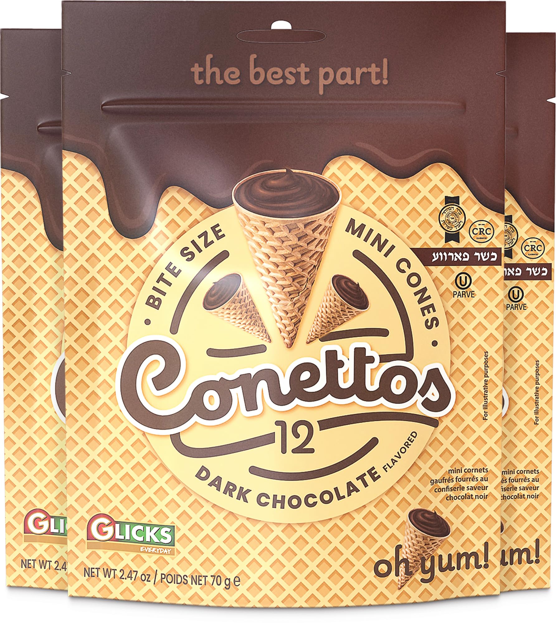 Glicks Conettos Dark Chocolate Filled Mini Waffle Cone Bites - 3 Pack (36 Pieces) | Crunchy Vegan Waffle Cone Snacks | Dairy-Free, Kosher Certified | Perfect for Parties, Office Snacks & Dessert Platters