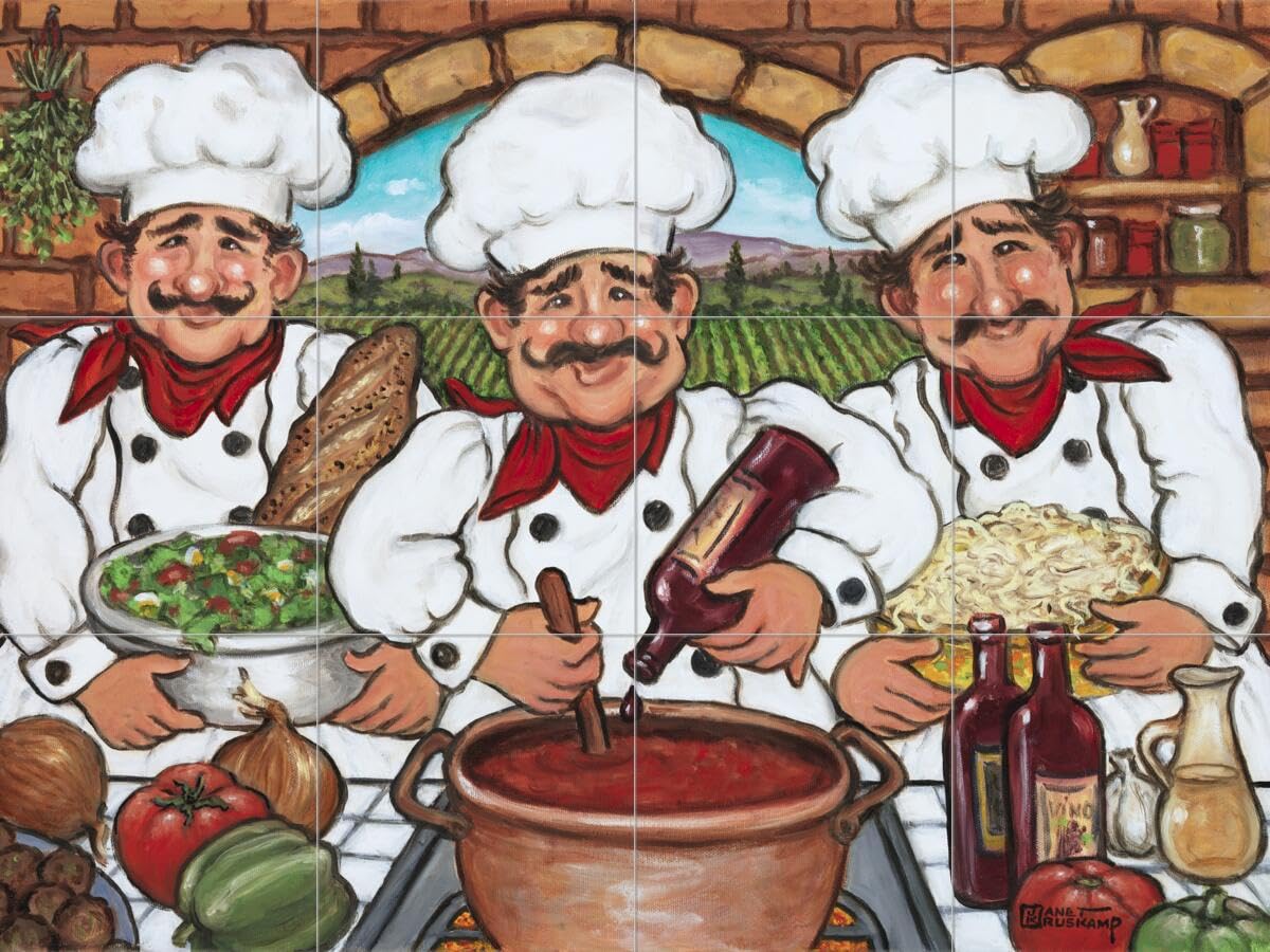 Hand-Painted Ceramic Backsplash Tile Mural - Three Happy Chefs Design by Janet Kruskamp for Kitchen & Bathroom Decor - Perfect for Cooking Enthusiasts & Home Renovation Projects
