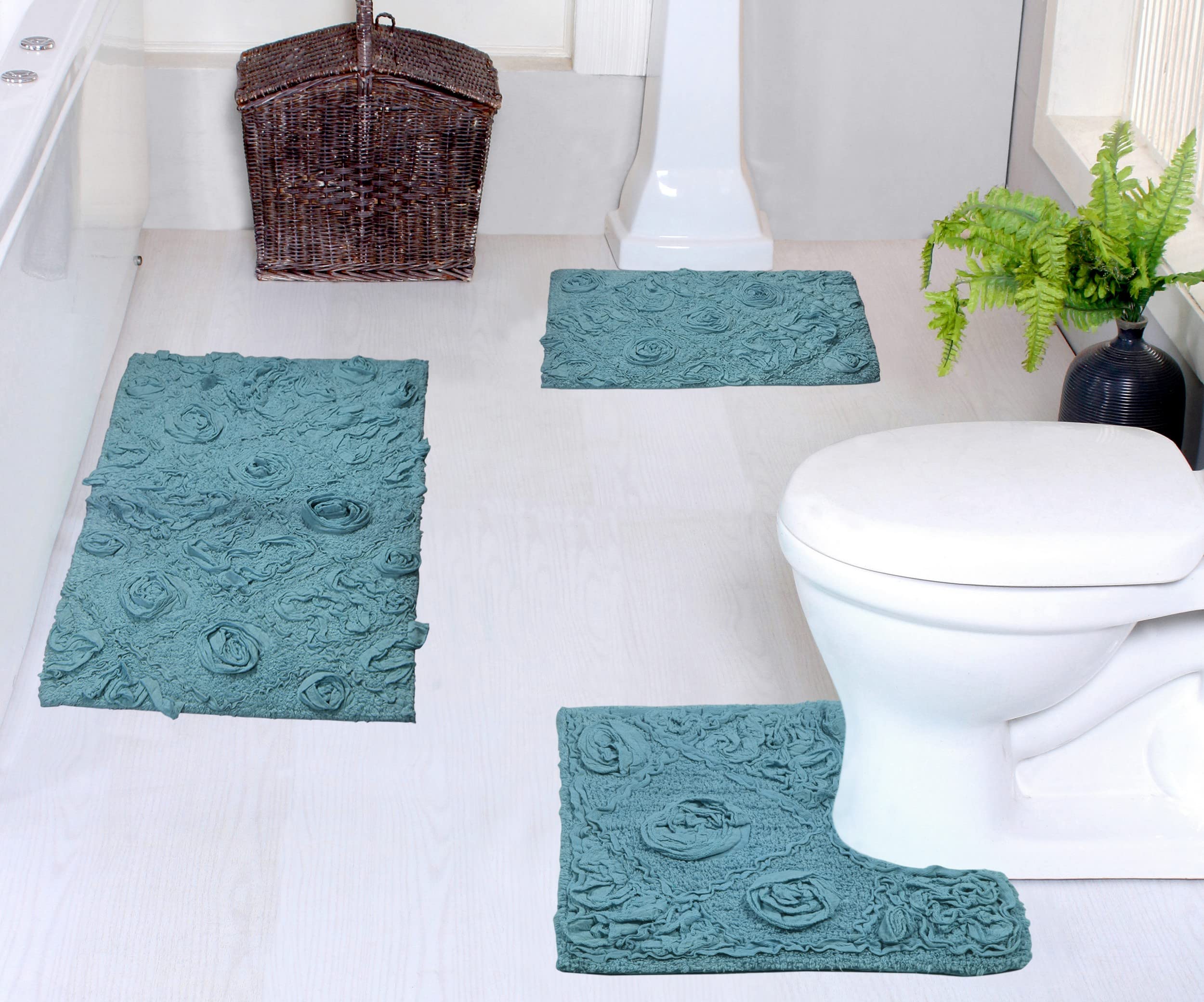 Home Weavers Modesto 100% Cotton Bath Rug Set - Ultra Soft, Absorbent & Washable Non-Slip Bathroom Mats - 3 Piece Contour Set in Blue - Perfect for Bathroom, Kitchen & High-Traffic Areas