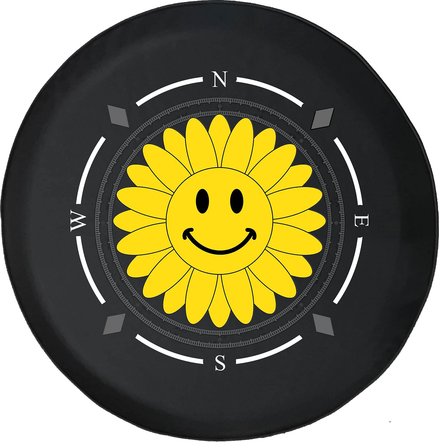 American Unlimited Spare Tire Cover with Compass Design - Happy Smiling Yellow Flower Pattern Wheel Cover for SUV, Trailer, RV Accessories | Fits Most Vehicles | Perfect for Road Trips & Outdoor Adventures