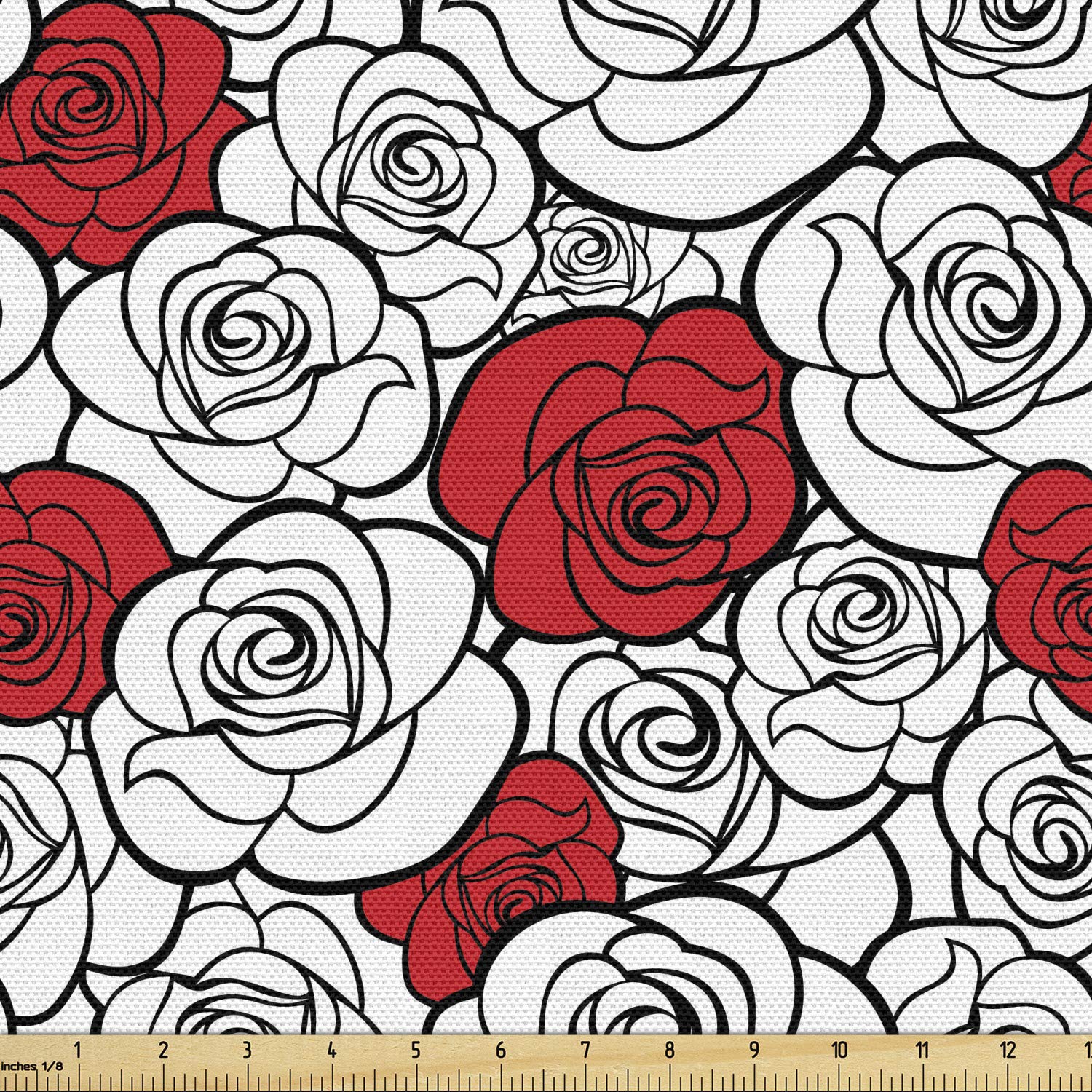 Ambesonne Romantic Roses Simplicity Love Blossoms Valentines Day Print Fabric by The Yard - 10 Yards Vermilion Black White Upholstery & Home Decor Fabric for DIY Projects, Curtains, Pillows, Table Runners & Crafting