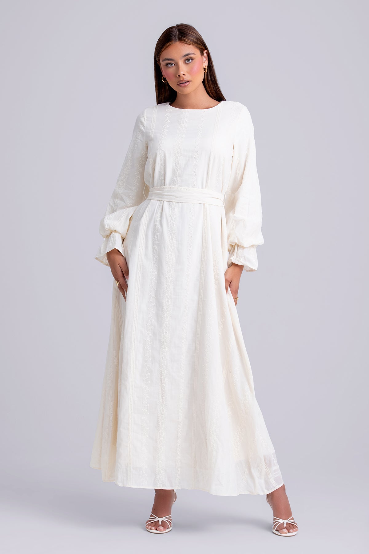 Naya Long Sleeve Tie Waist Maxi Dress in Cream | Elegant Flowy Women's Formal Dress for Weddings, Parties & Special Occasions