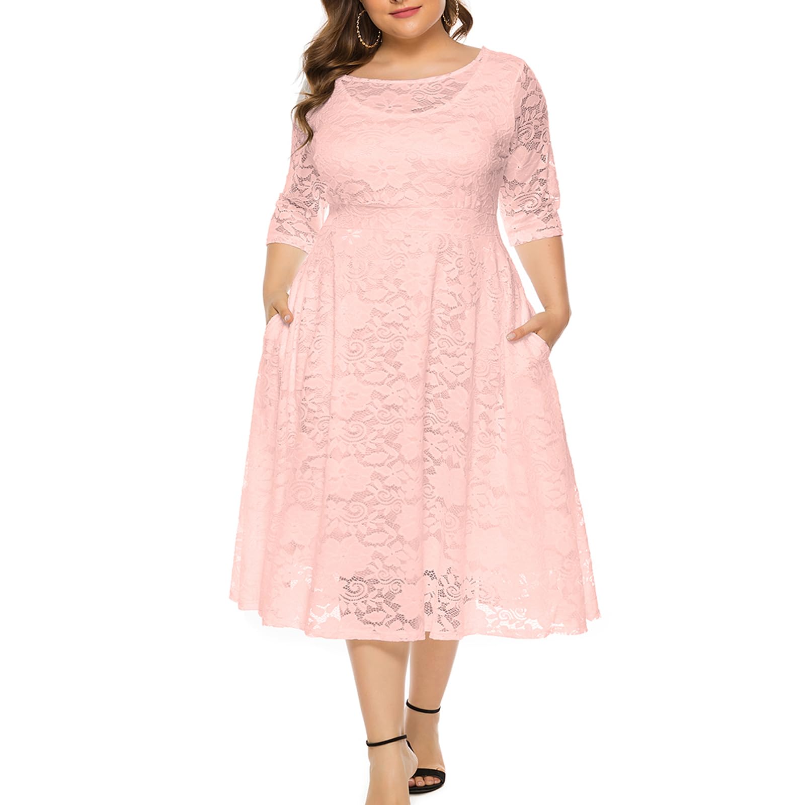 Eternatastic Women's Floral Lace Plus Size Midi Dress - Scoop Neck Cocktail Party Dress for Wedding Guest, Evening Events & Special Occasions