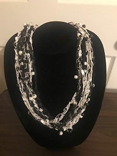 White and Black Yarn Necklace with Pony Beads - Handmade Bohemian Trellis Jewelry for Women - Perfect for Festivals, Parties and Boho Fashion Accessories