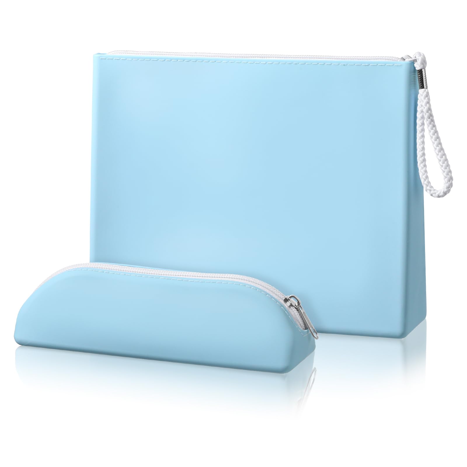 Huhumy 2 Pack Waterproof Silicone Makeup Bag with Zipper & Brush Holder - Travel Cosmetic Organizer for Toiletries, Makeup Tools (Blue) | Perfect for Travel, Gym, and Daily Beauty Storage