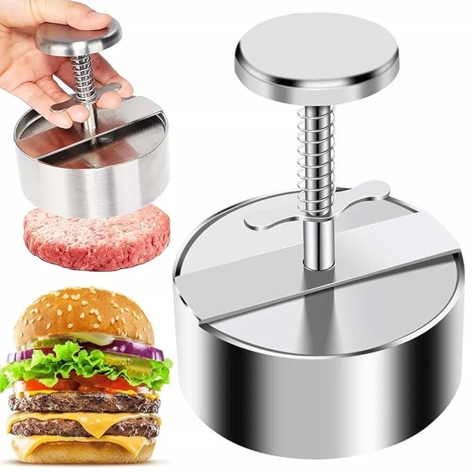 Premium HVB Stainless Steel Hamburger Patty Maker - Adjustable 12cm Non-Stick Burger Press with Spring Button for BBQ, Grilling & Homemade Burgers - Perfect for Backyard Cookouts, Picnics & Restaurant-Style Patty Making