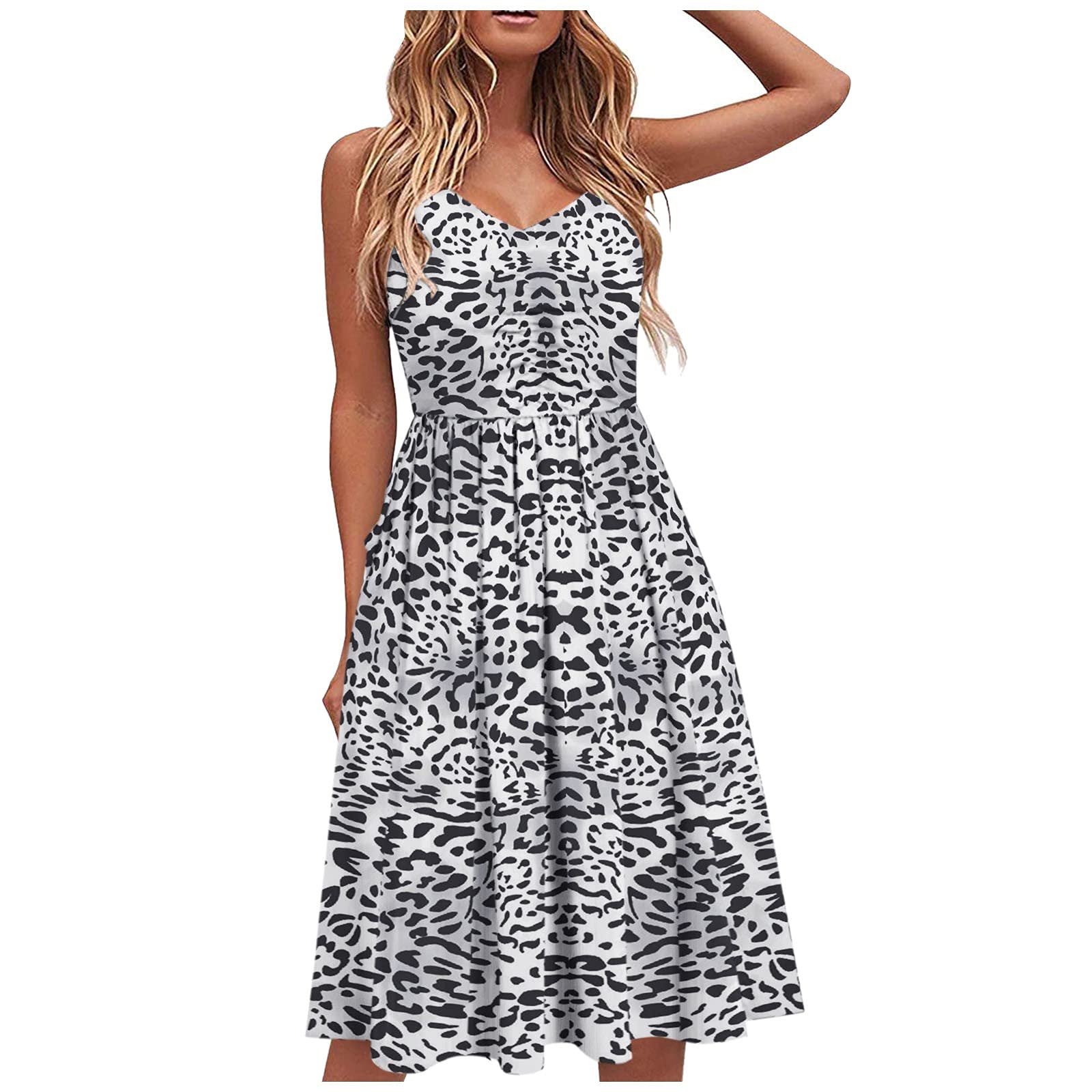 Women's Summer Lace-Up Sling Dress - Knee-Length Casual V-Neck Sleeveless Black Printed Dress | Perfect for Beach Vacations, Date Nights & Summer Parties
