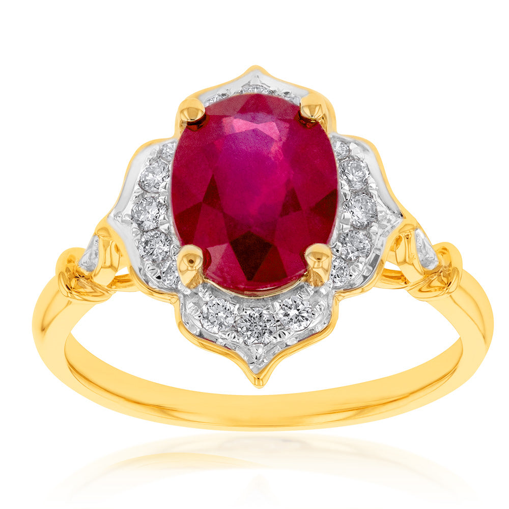 9ct Yellow Gold 2.70ct Natural Enhanced Ruby and Diamond Ring for Women - Elegant Engagement, Wedding, Anniversary Gift Jewelry - Perfect for Valentine's Day, Birthday & Special Occasions