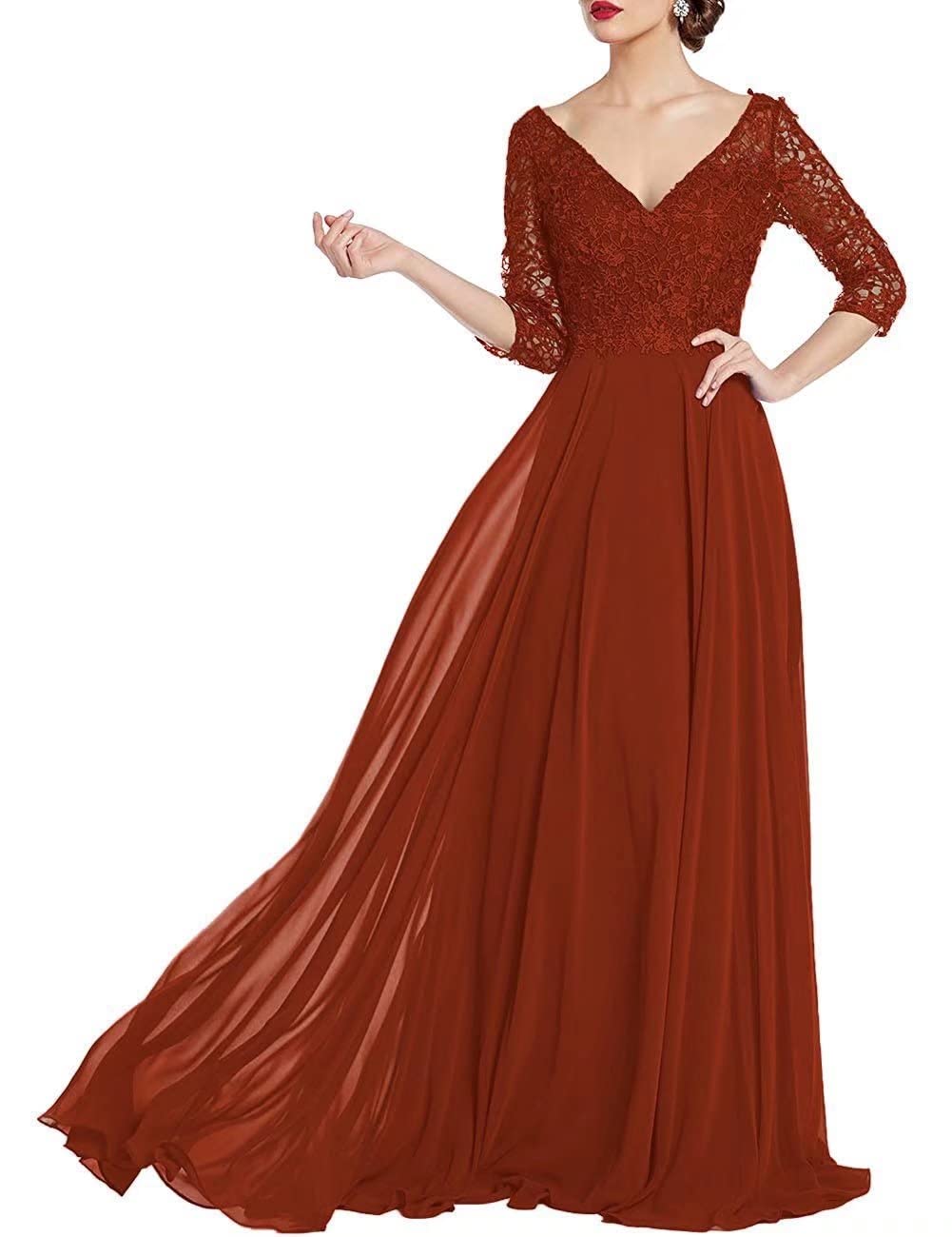Elegant 3/4 Sleeve V-Neck Lace Chiffon Mother of The Bride Dress - Women's Formal Evening Gown for Weddings, Parties & Special Occasions