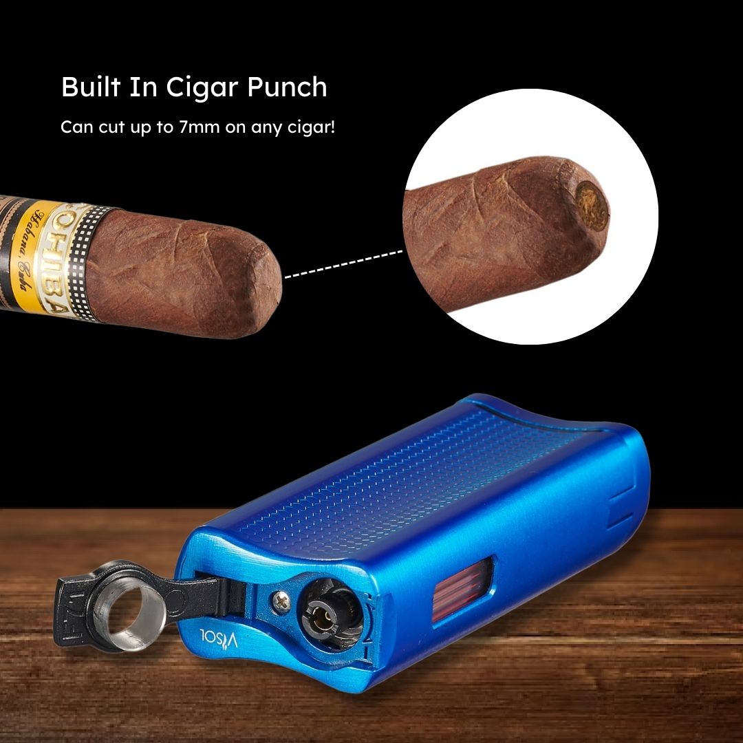 Visol Tiger Double Flame Cigar Lighter - Refillable Butane Torch Lighter with Adjustable Flame (Blue) - Perfect for Cigars, Cigarettes, BBQ, Camping & Outdoor Use