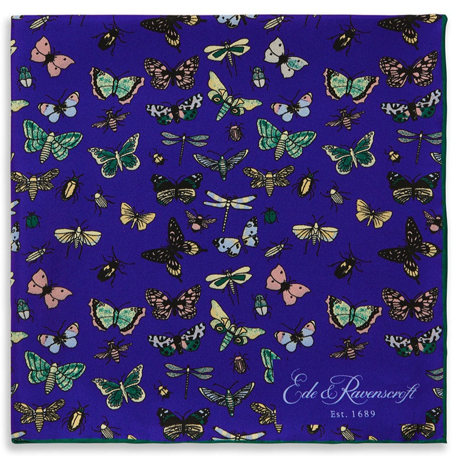 Elegant Navy Blue Butterfly Printed Silk Pocket Square for Men - Perfect for Weddings, Formal Events & Business Attire