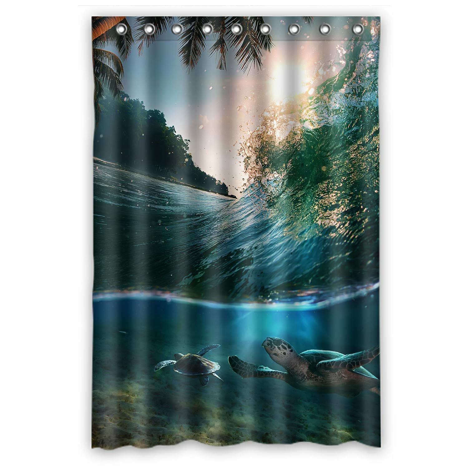 Waterproof Tropical Ocean Surfing Wave with Two Turtles Shower Curtain - 48x72 Inch Bathroom Decor for Beach & Coastal Themed Homes - Perfect for Bathrooms, Vacation Rentals & Spa Retreats
