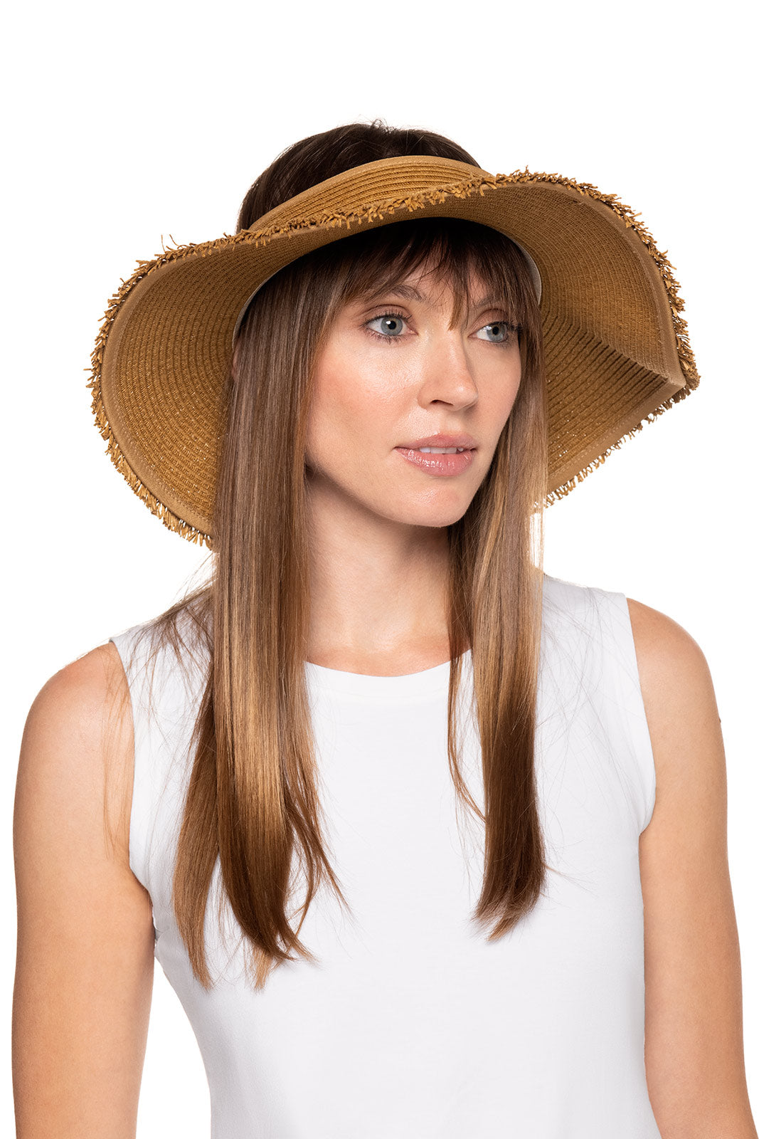 Coolibar Women's Packable Rolled Braid Visor Hat with Frayed Brim - UPF 50+ Sun Protection for Beach, Golf & Outdoor Activities | Toast Color