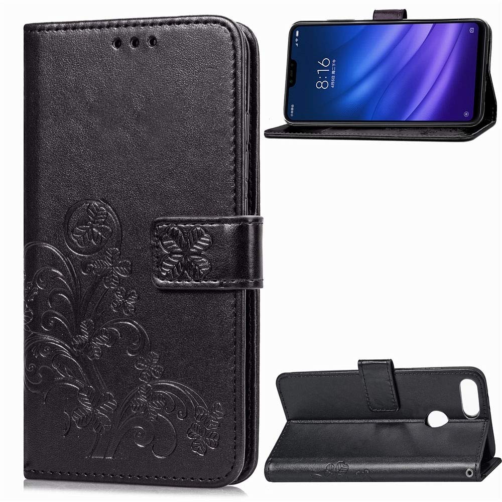 Premium Lucky Clover Pressed Flower Leather Phone Case for Xiaomi Mi 8 Lite - Wallet Holder with Card Slots & Hand Strap (Black) | Perfect for Daily Use, Travel & Gift Giving