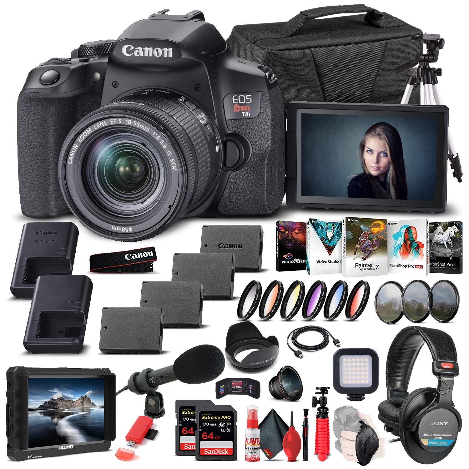 Canon EOS Rebel T8i DSLR Camera Bundle with 18-55mm Lens, 4K Monitor, Pro Audio Gear & 64GB Memory Cards - Perfect for Vlogging, YouTube Content Creation & Professional Photography (Renewed)