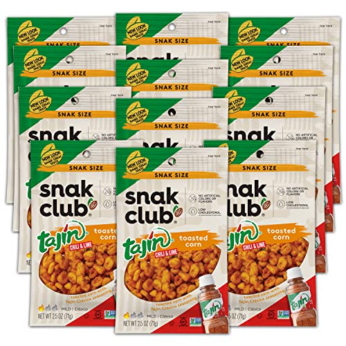 Snak Club Toasted Corn Tajin Chili Lime - Crunchy Low-Cholesterol Snacks Pack of 12 for Parties & On-the-Go