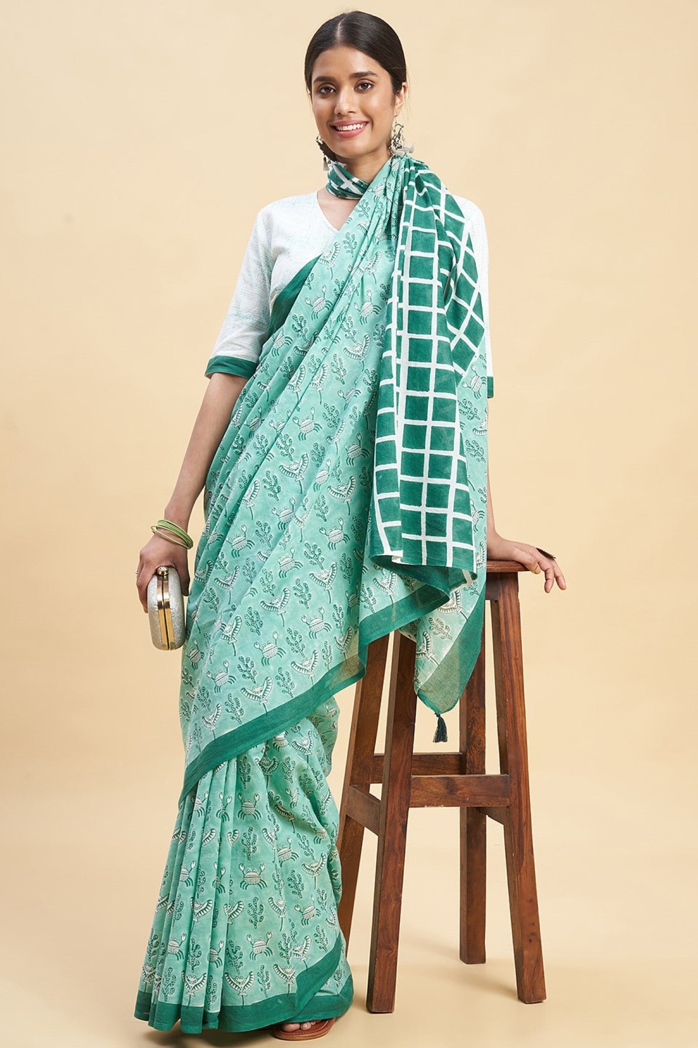 Handmade Green Crab Block Printed Cotton Saree - Traditional Indian Women's Dress for Festivals & Special Occasions