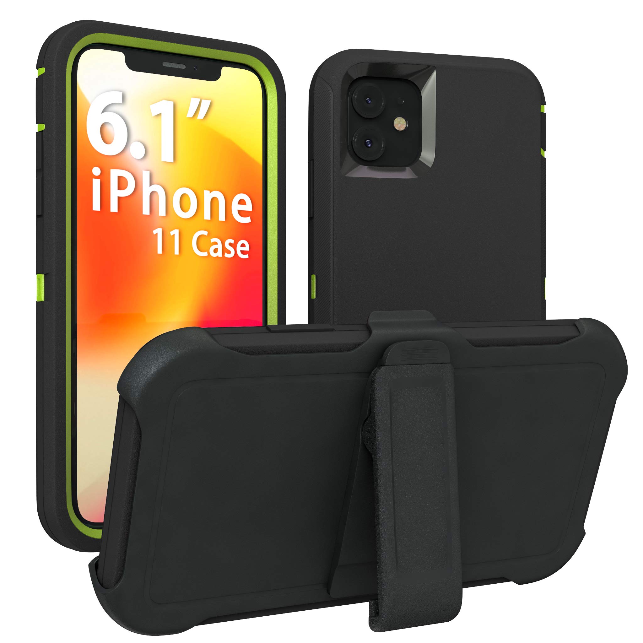 TOUGHBOX Armor Series Shockproof iPhone 11 Case - Black & Lime - Heavy Duty Protective Cover with Holster & Belt Clip - Compatible with OtterBox Defender Series - 6.1 Inch - Perfect for Construction, Outdoor Adventures & Active Lifestyles