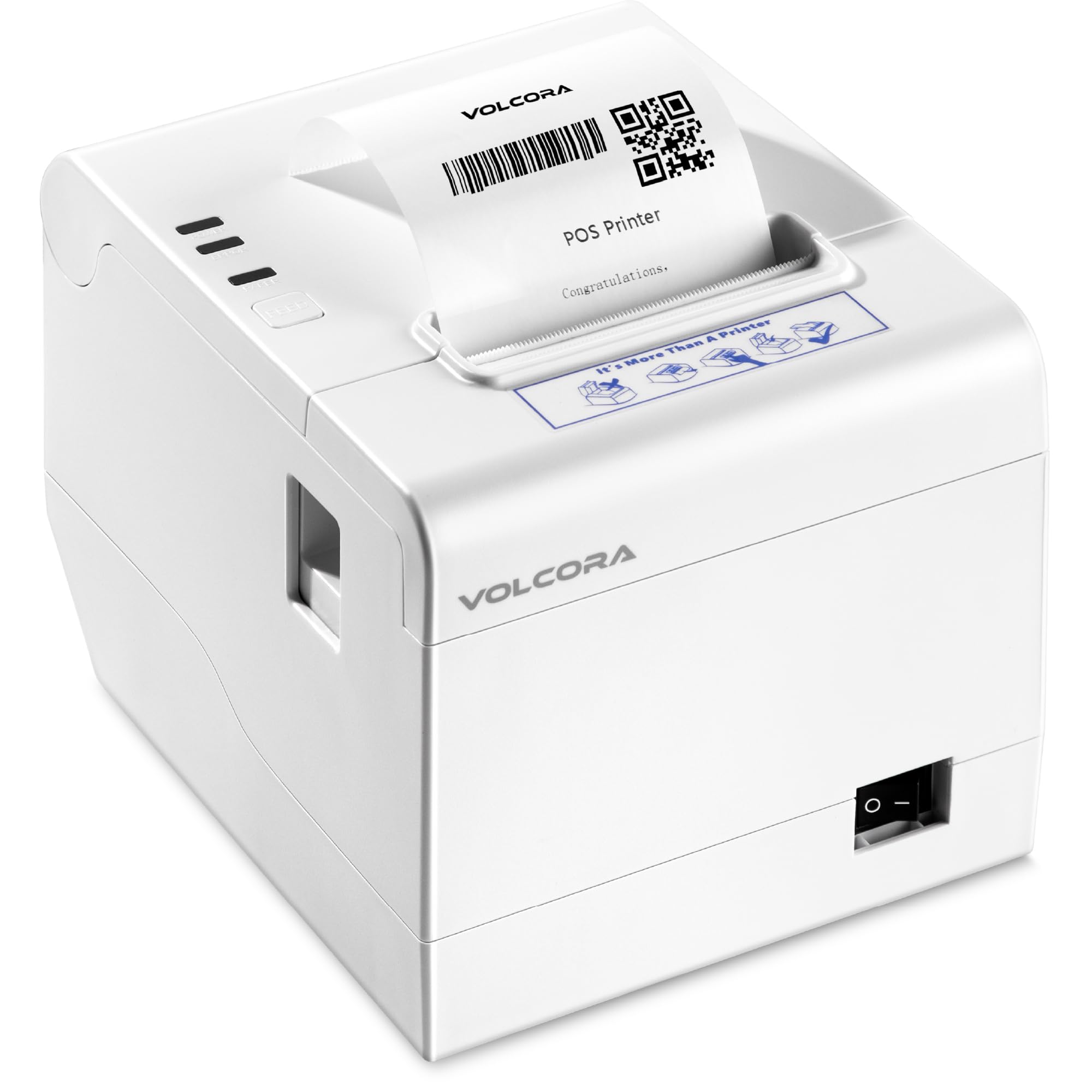 Volcora 80mm Thermal Receipt Printer with Auto Cutter - USB/Ethernet POS Printer for Windows/Mac/Linux - ESC/POS Command Support & Cash Drawer - High-Speed Kitchen Printer for Restaurants, Retail Stores & Offices - Wall Mountable White POS System