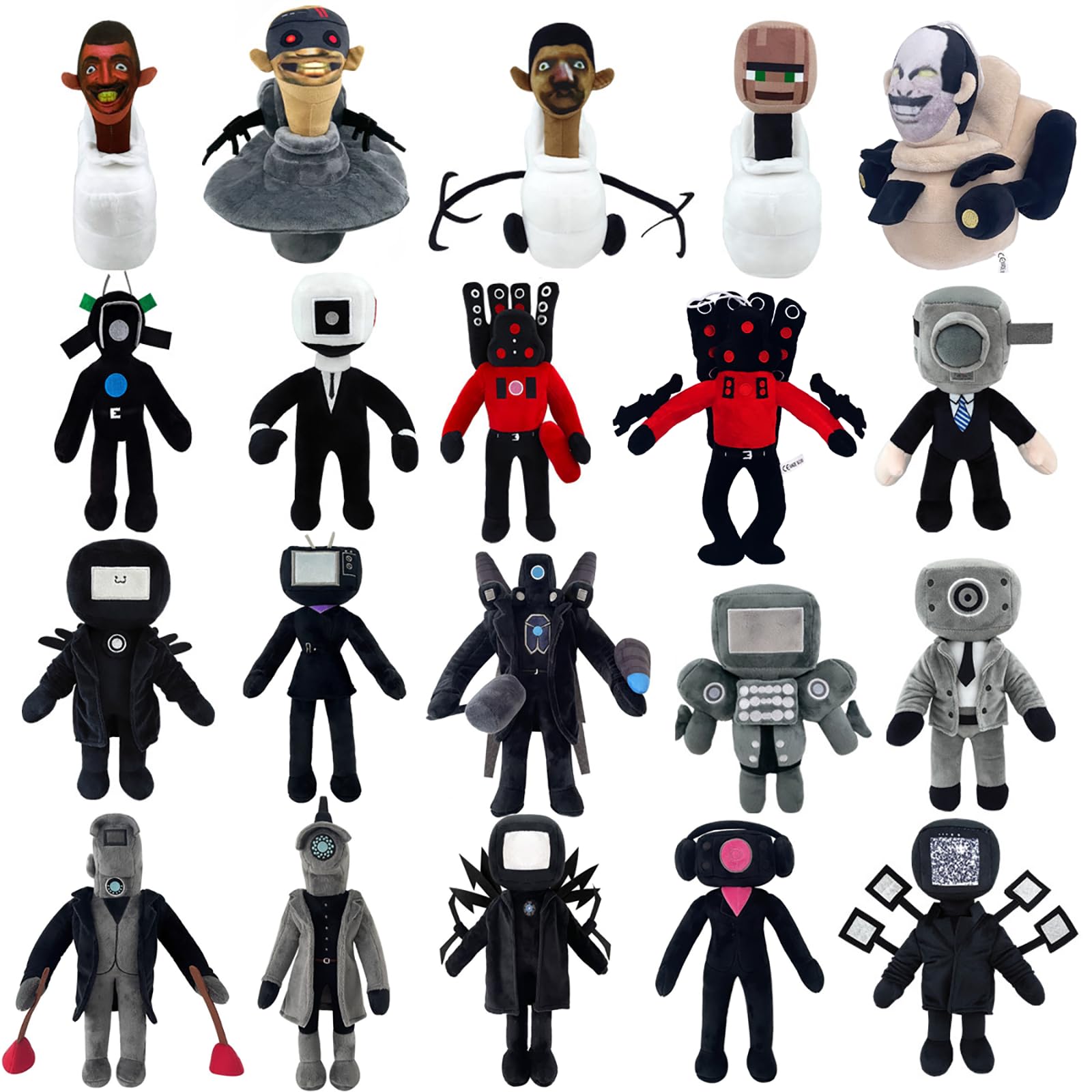 VOZABU 20PCS Skibidi Toilet Plush Toys Set - Cameraman & Speakerman Boss Stuffed Animals, Soft Cotton Plushie Dolls for Kids, Collectible Gifts for Fans (Christmas, Birthday, Party Decorations) - Perfect for Room Decor, Gift Giving and Themed Parties