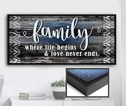 Family Where Life Begins Wall Art Sign - Rustic Farmhouse Decor with Floating Frame (Blue/Black, 42x19) - Perfect for Living Room, Bedroom & Entryway Home Decor