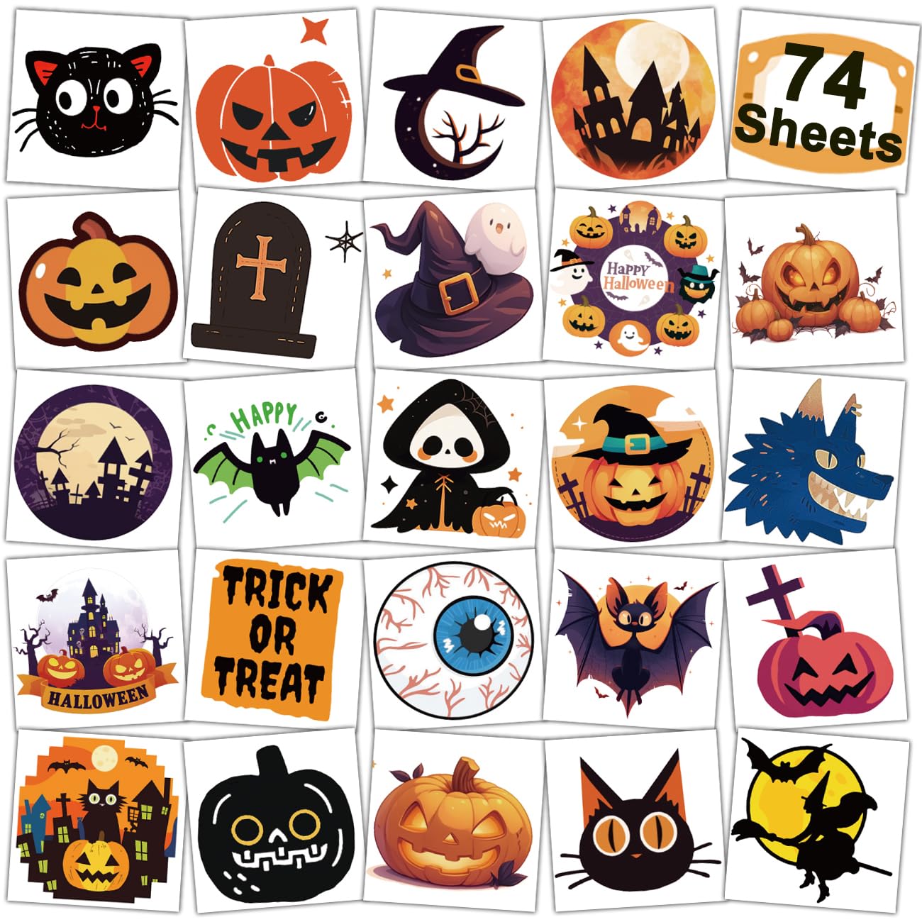 Halloween Temporary Tattoos for Kids - 74 Sheets of Pumpkin, Bat & Skeleton Tattoos - Perfect for Halloween Parties, Goodie Bags & Costume Accessories - Safe & Fun Body Art for Boys & Girls