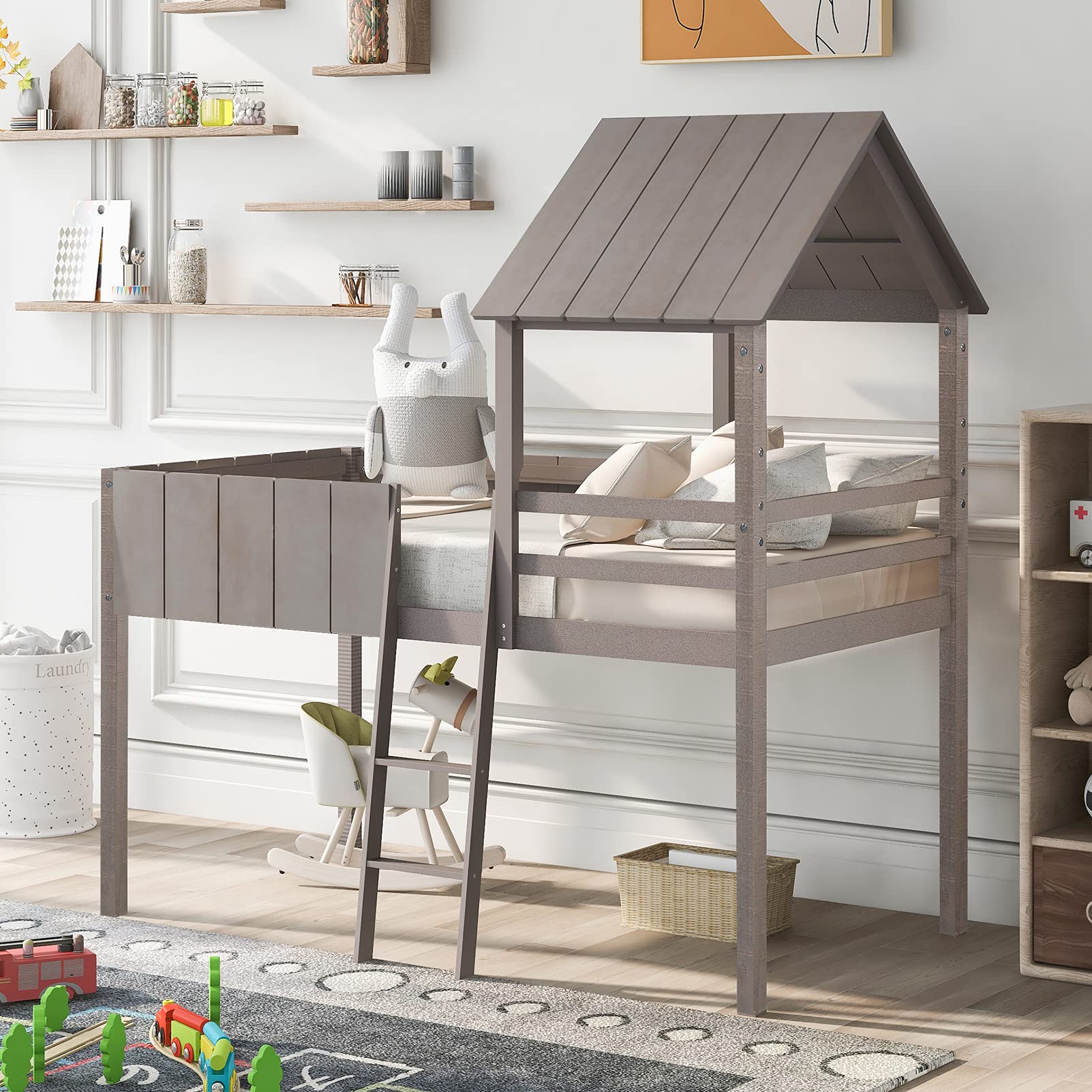 Rustic House Bed - Farmhouse Style Loft Bed with Roof & Ladder for Kids & Teens | Solid Wood Playhouse Bed Frame with Safety Guardrails for Boys & Girls | Twin Size (Antique) | Perfect for Small Bedrooms, Playrooms & Cozy Kids' Spaces | No Box Spring Needed