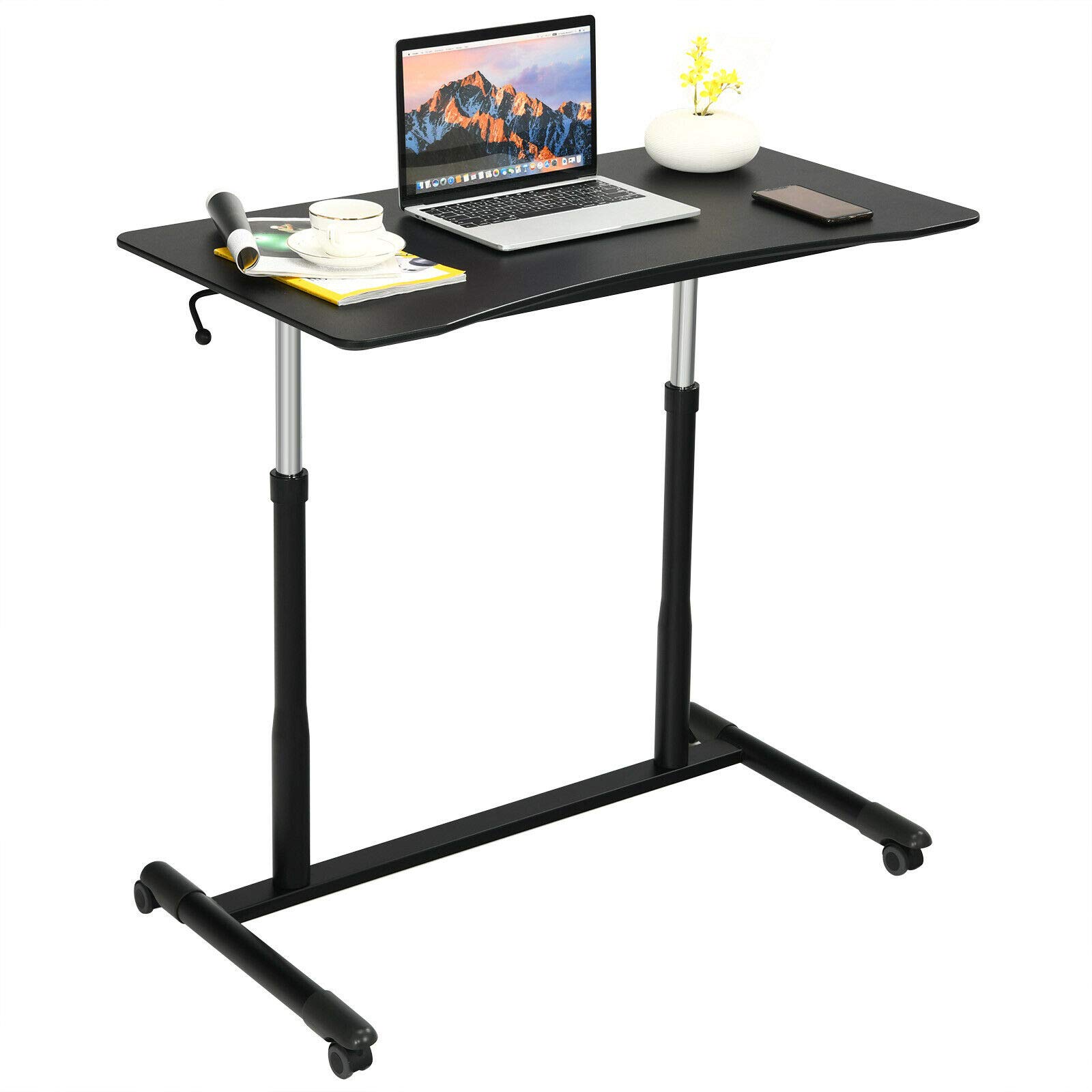 Tangkula Adjustable Height Mobile Standing Desk with Wheels - Rolling Computer Desk with Steel Frame & MDF PVC Tabletop - Ideal for Home Office, Small Spaces & Workstations (Black) - Perfect for Remote Work, Gaming & Study Setup