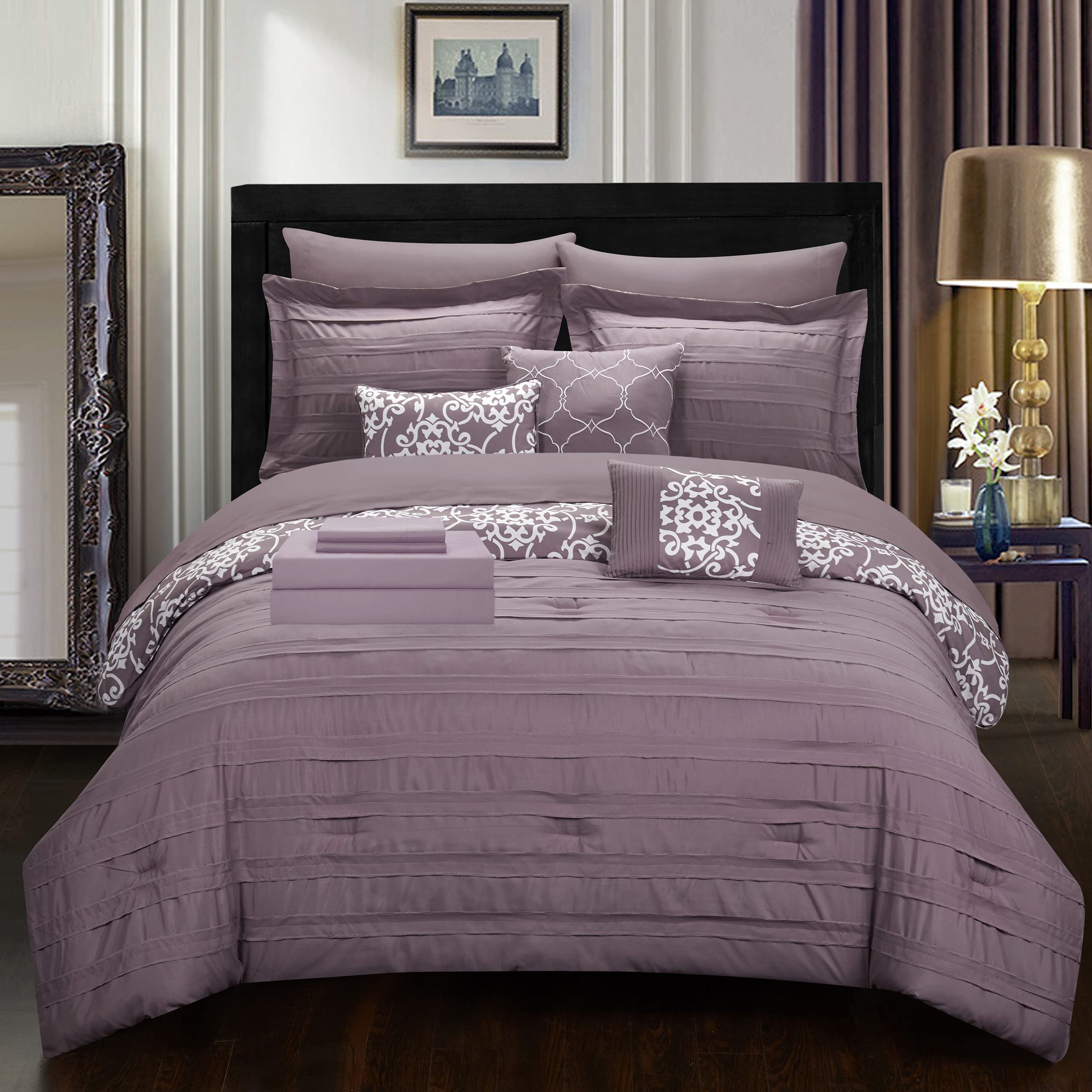 Chic Home 10-Piece Queen Size Reversible Printed Comforter Set with Pleated Ruffles - Includes Sheets, Shams & Bed Skirt - Plum Purple Luxury Bedding for Master Bedroom, Guest Room & Dorm Decor