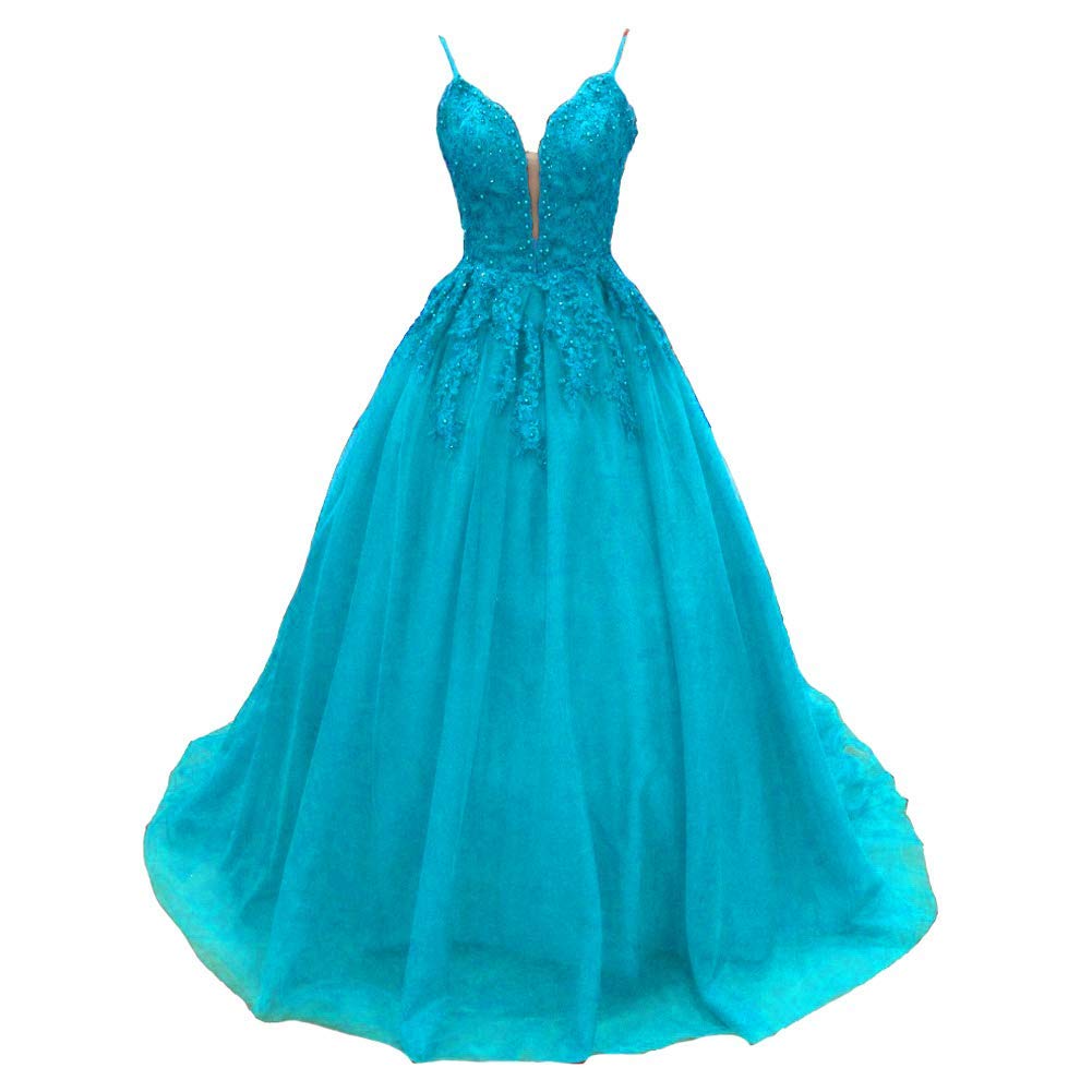 Lemai Women's Beaded Lace Appliques Spaghetti Strap V-Neck Ball Gown Long Prom Dress - Elegant Evening Gown for Formal Events, Weddings, and Special Occasions