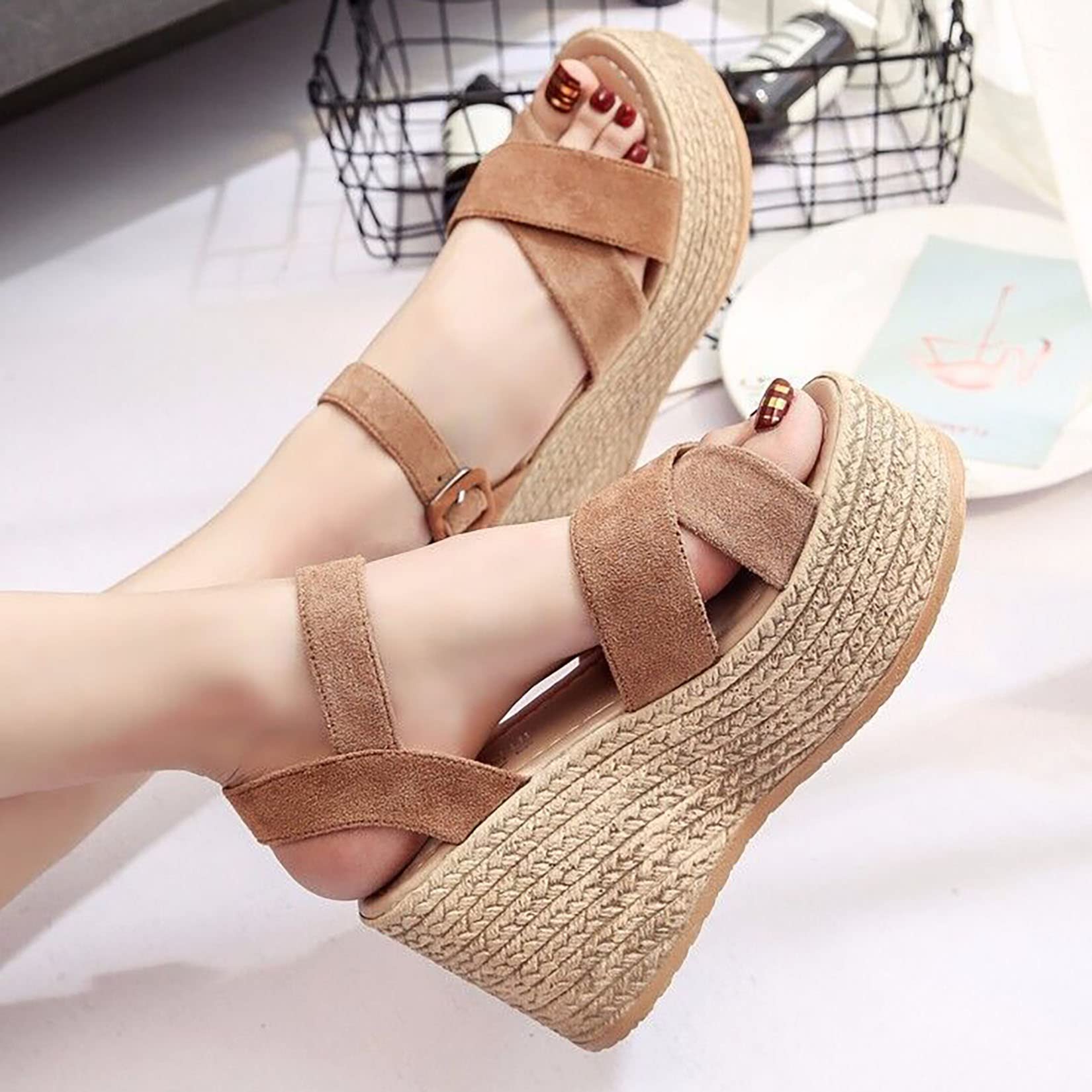 Women's Comfortable Wedge Slide Sandals - Open Toe Low Heel Non-Slip Bohemian Flat Summer Sandals for Women | Khaki Size 40 | Perfect for Beach, Poolside & Casual Outings