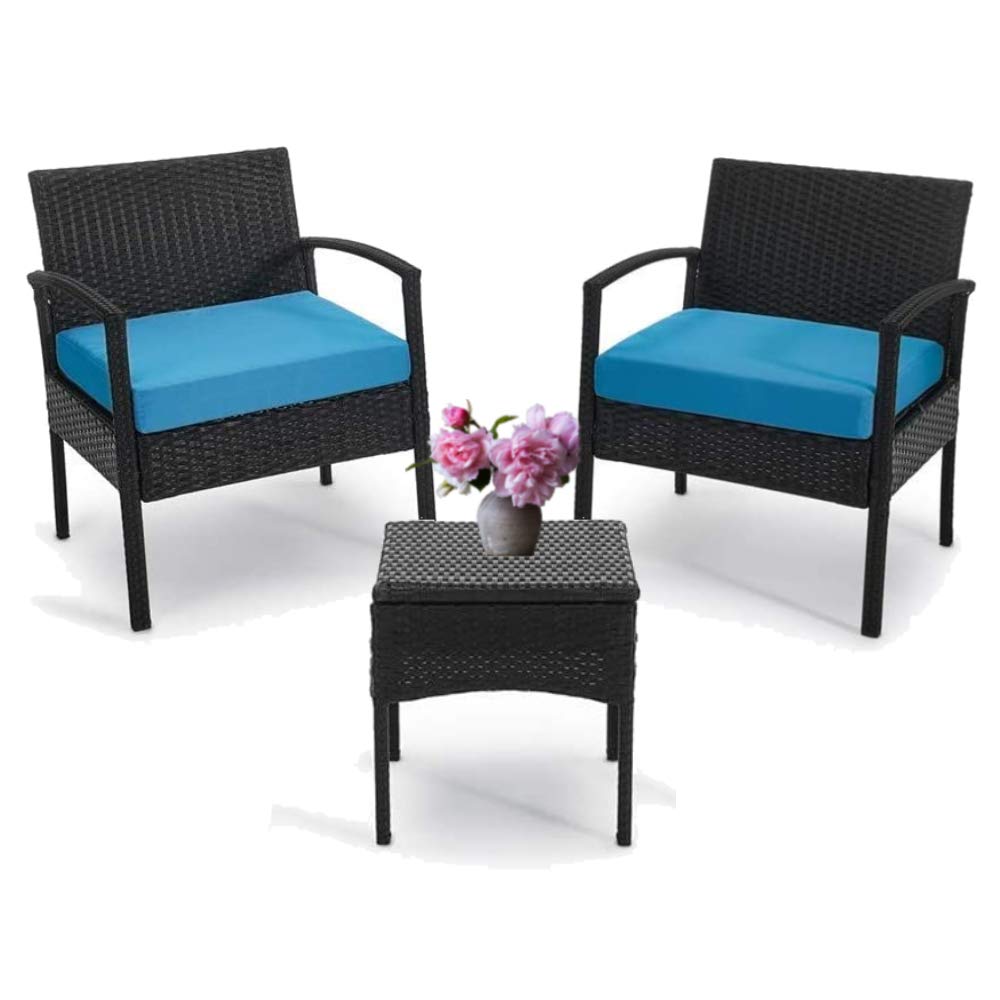 Leasbar 3-Piece Outdoor Bistro Set - Patio Conversation Furniture with Rattan Chairs & Table + Cushions (Blue) - Perfect for Small Balcony, Garden, or Backyard Relaxation